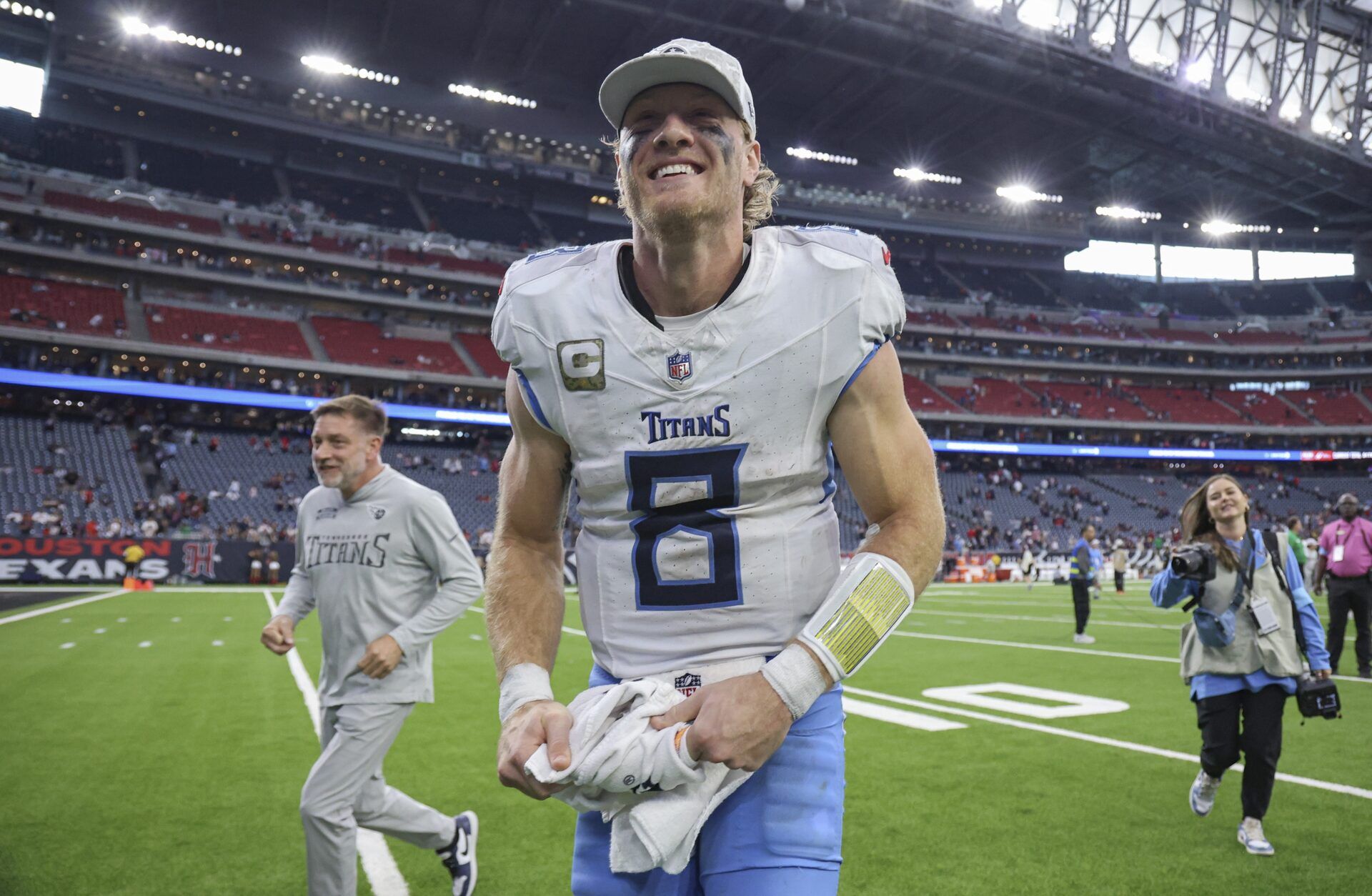 Tennessee Titans quarterback Will Levis (8) jogs off the field after the game against the Houston Texans at NRG Stadium.