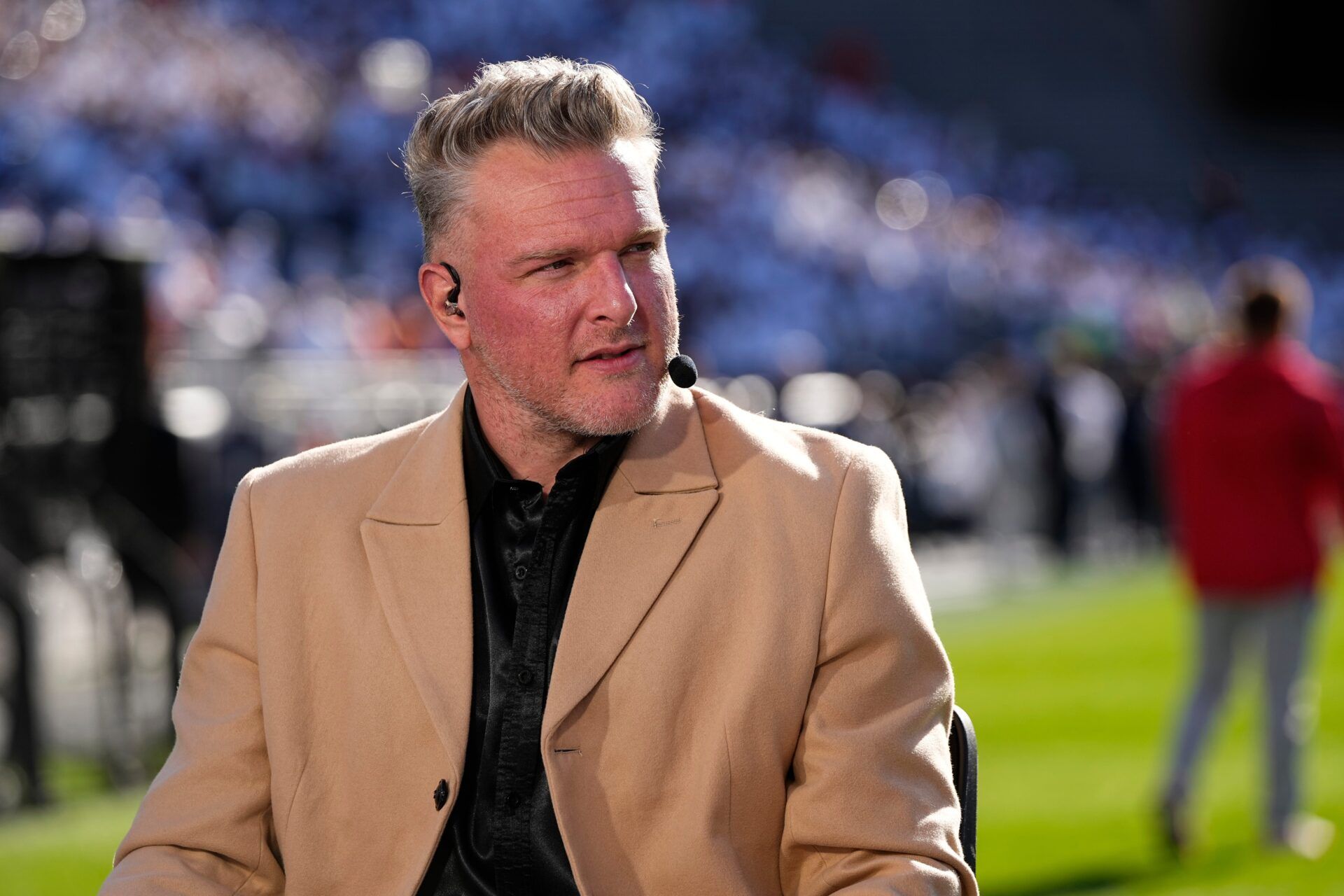 Pat McAfee sits on the ESPN College Gameday set prior to the NCAA football game between the Penn State Nittany Lions and the Ohio State Buckeyes at Beaver Stadium in University Park, Pa. on Saturday, Nov. 2, 2024.