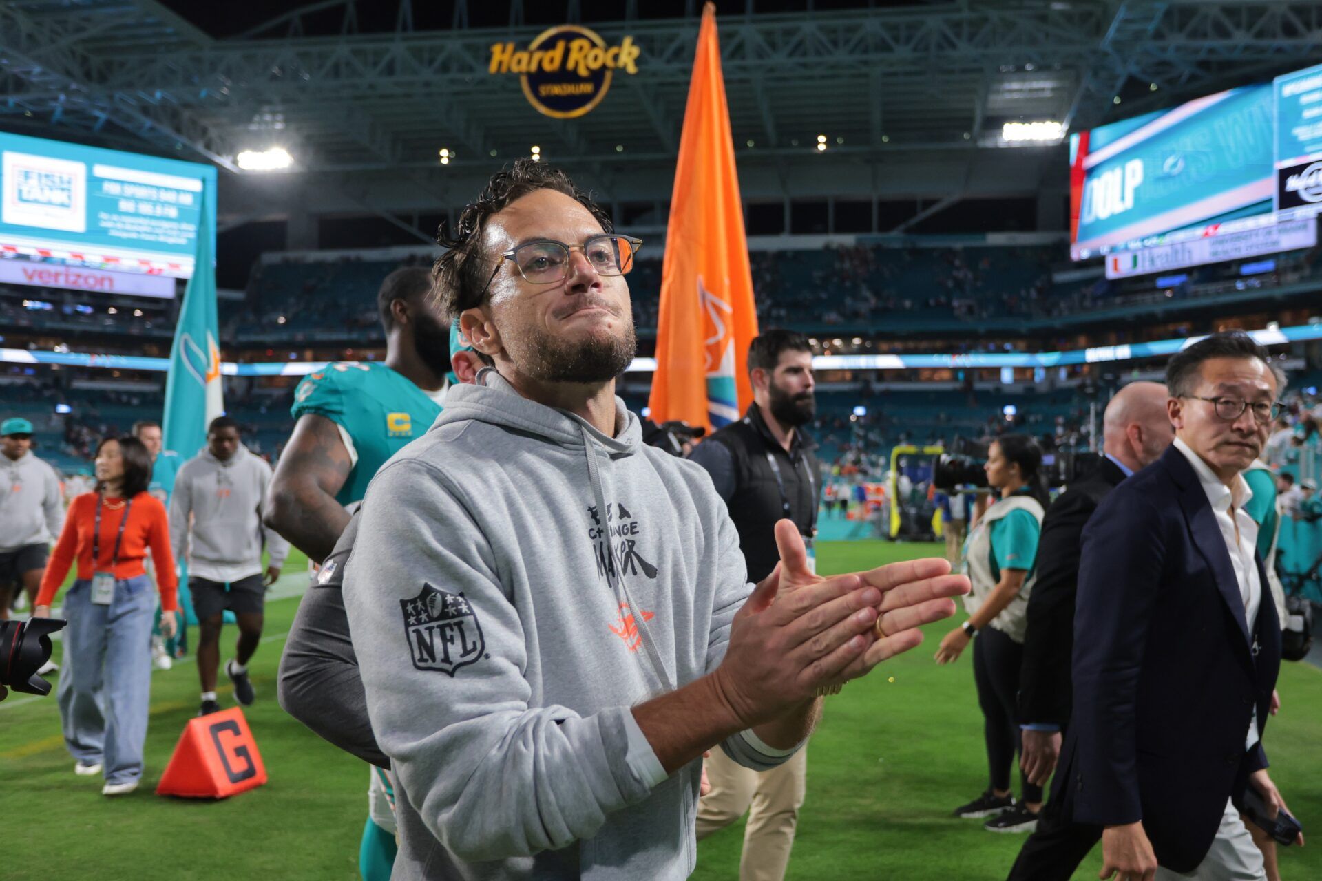 Miami Dolphins head coach Mike McDaniel reacts on the field after the game against the San Francisco 49ers at Hard Rock Stadium.