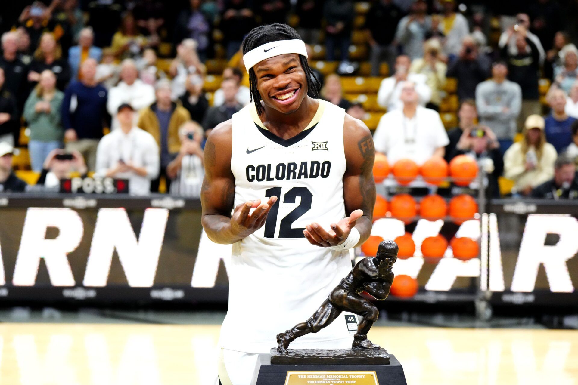 Colorado Buffaloes Heisman trophy winner Travis Hunter before the game against the Bellarmine Knights at CU Events Center.