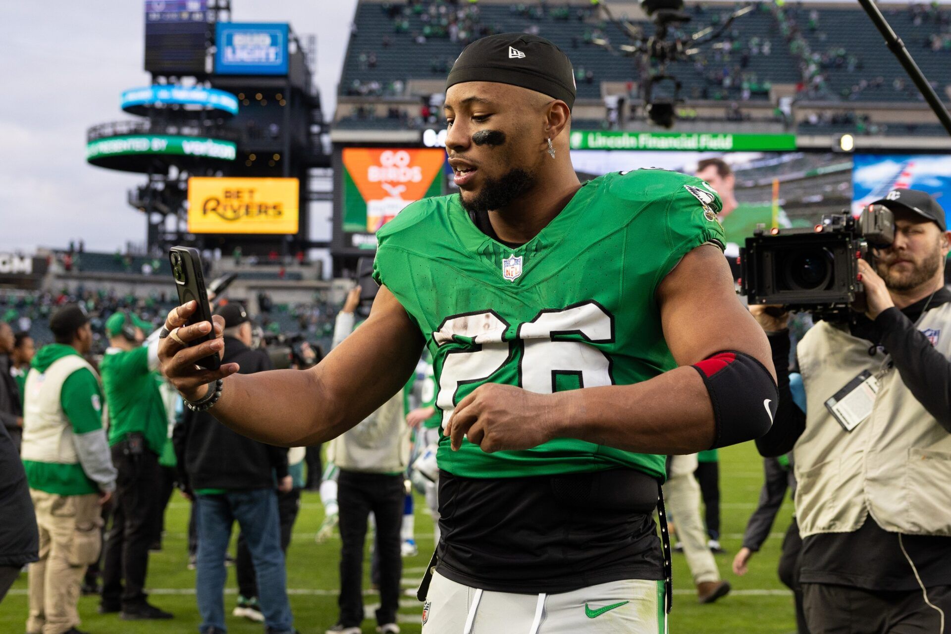 Philadelphia Eagles running back Saquon Barkley (26) walks off the field after a victory against the Dallas Cowboys at Lincoln Financial Field.