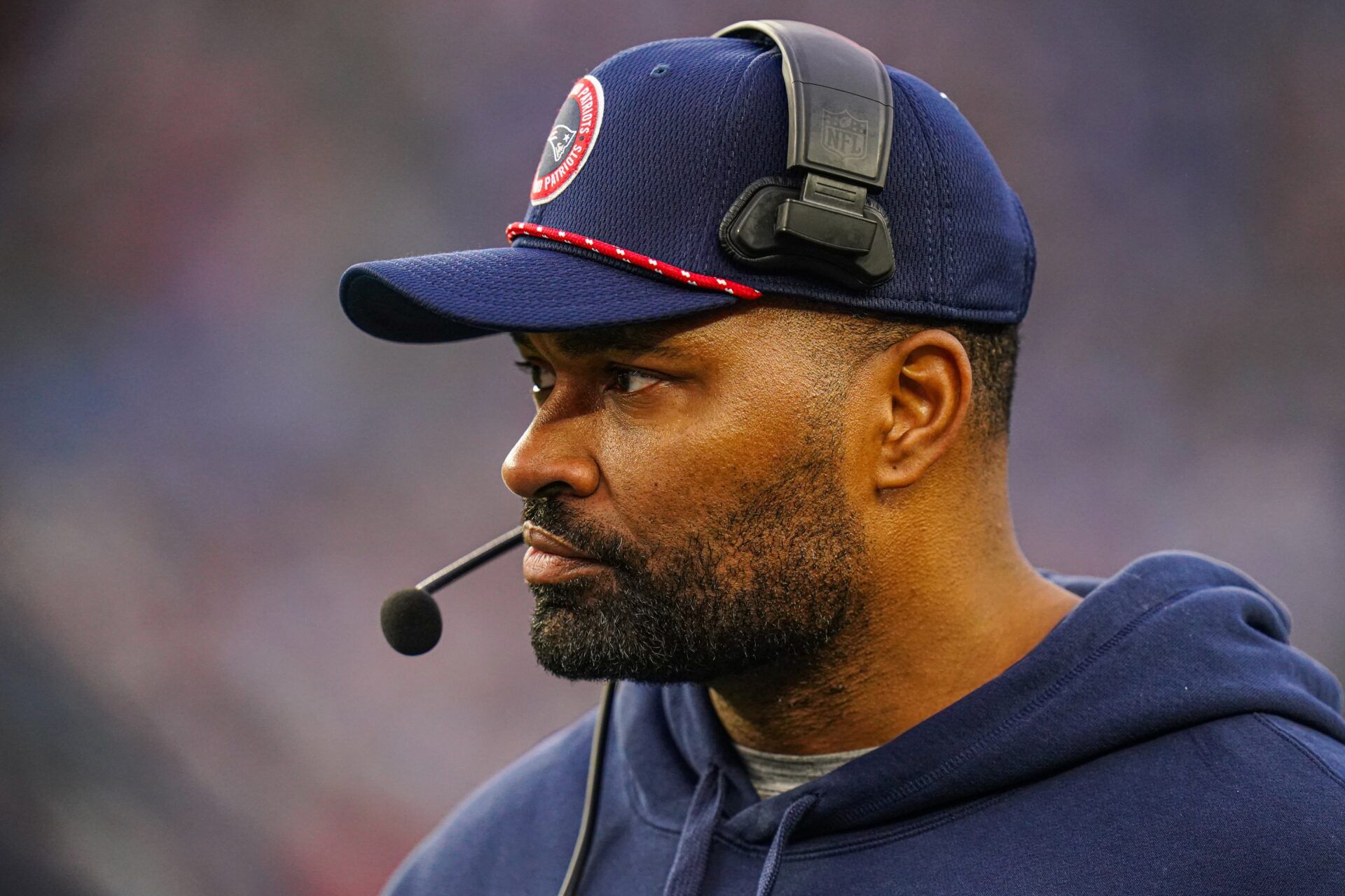 New England Patriots head coach Jerod Mayo watches from the sideline as they take on the Los Angeles Chargers at Gillette Stadium.