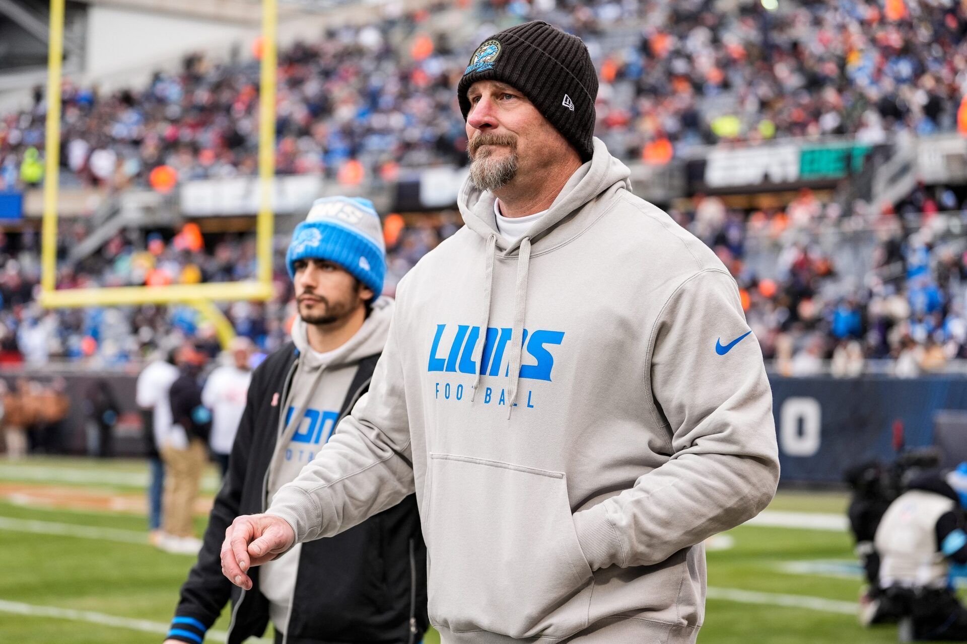 Detroit Lions head coach Dan Campbell takes the field before kickoff against Chicago Bears at Soldier Field in Chicago, Ill. on Sunday, Dec. 22, 2024.