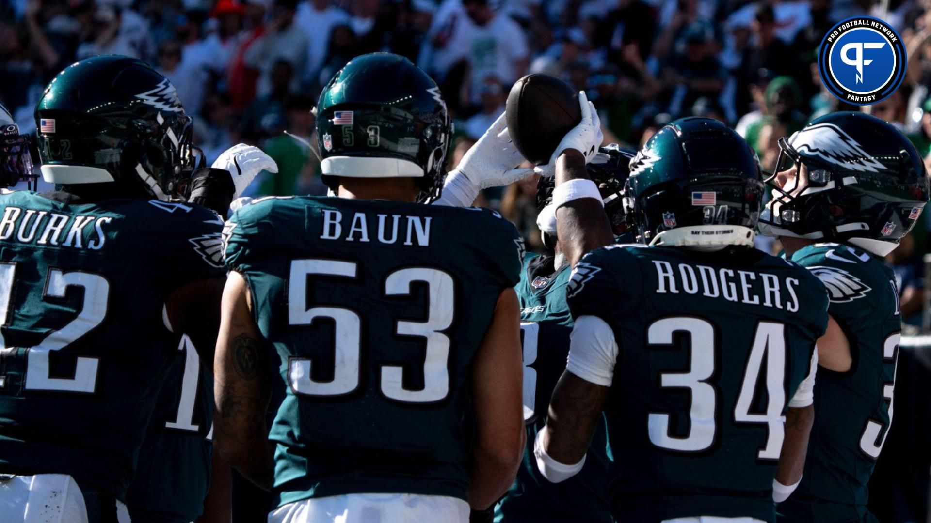 Philadelphia Eagles safety C.J. Gardner-Johnson (8) reacts to intercepting a pass with other members of the Philadelphia Eagles defense in the fourth quarter of the NFL game against the Cincinnati Bengals at Paycor Stadium in Cincinnati on Sunday, Oct. 27, 2024.