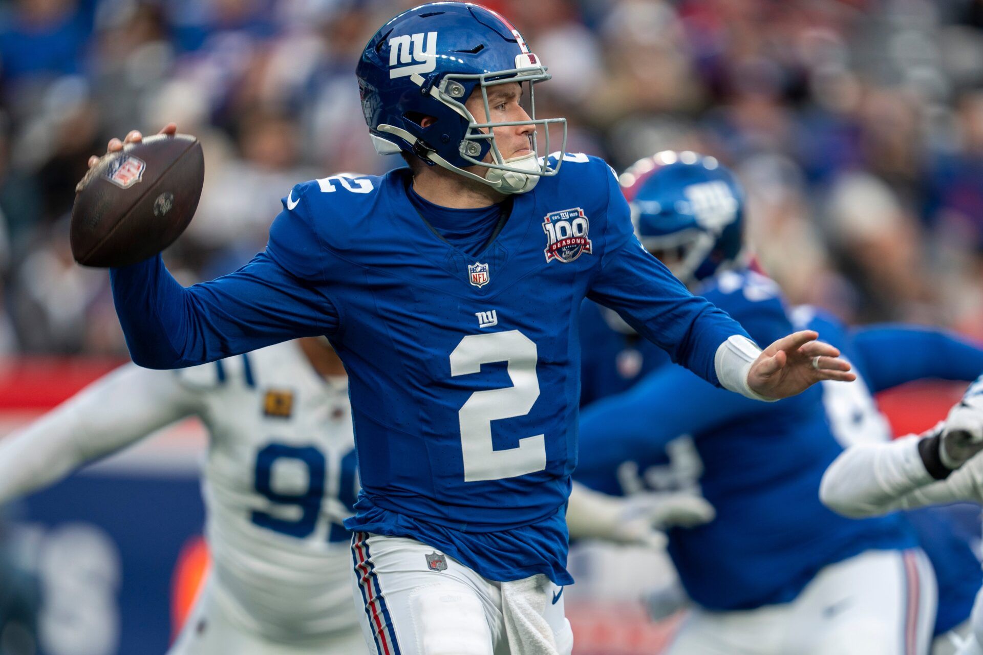 New York Giants quarterback Drew Lock (2) looks to pass the ball during a game between New York Giants and Indianapolis Colts at MetLife Stadium on Sunday, Dec. 29, 2024.