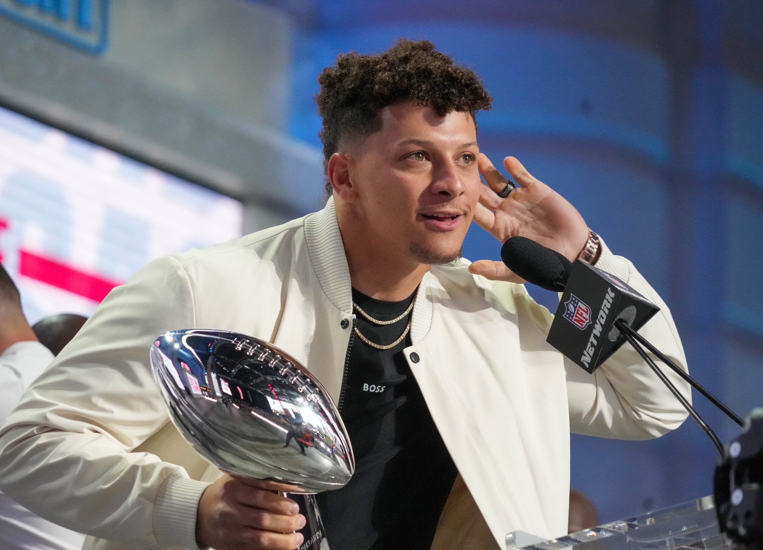 Kansas City Chiefs quarterback Patrick Mahomes greets fans during the first round of the 2023 NFL Draft at Union Station.