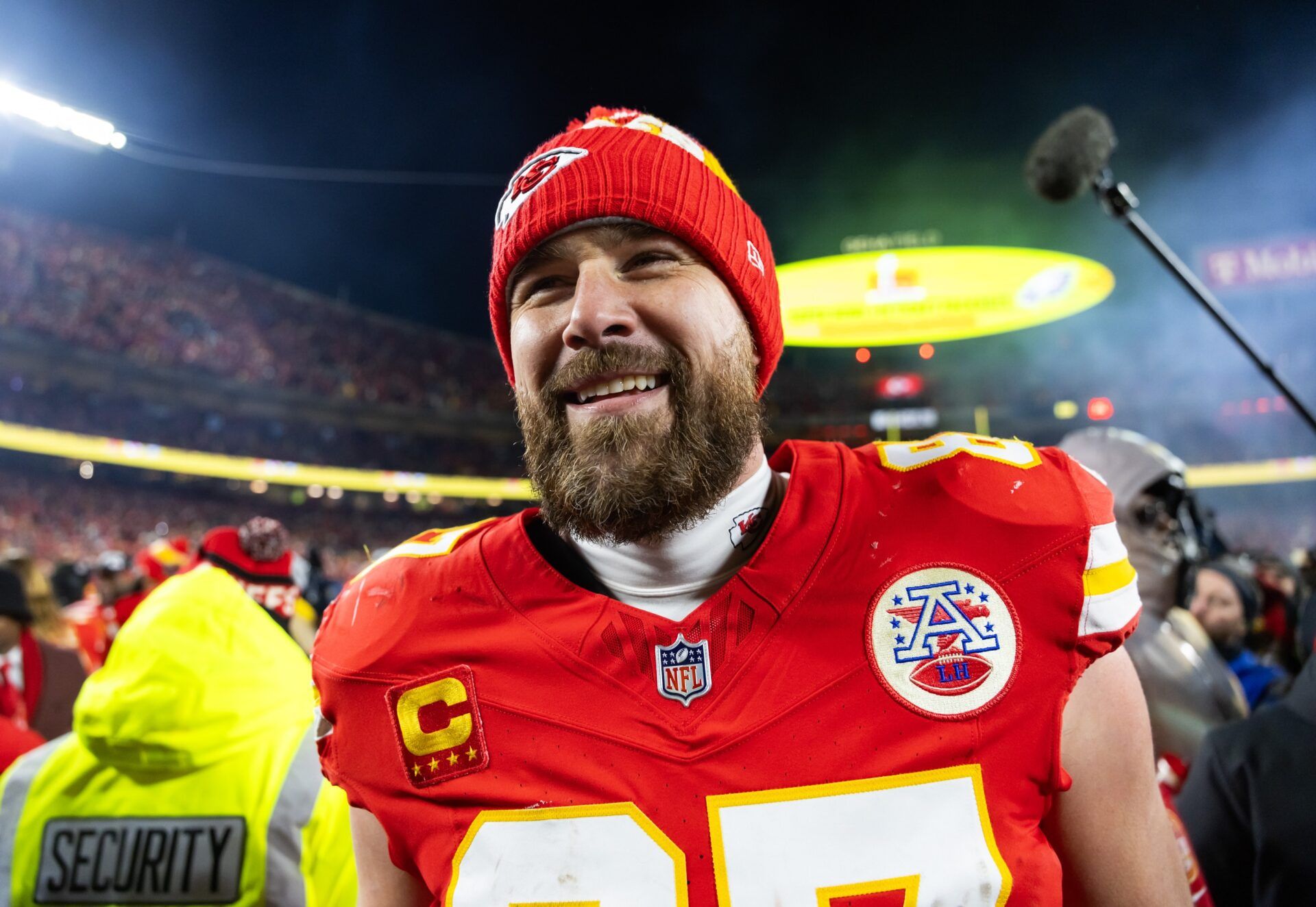 Kansas City Chiefs tight end Travis Kelce (87) celebrates after defeating the Buffalo Bills during the AFC Championship game at GEHA Field at Arrowhead Stadium.