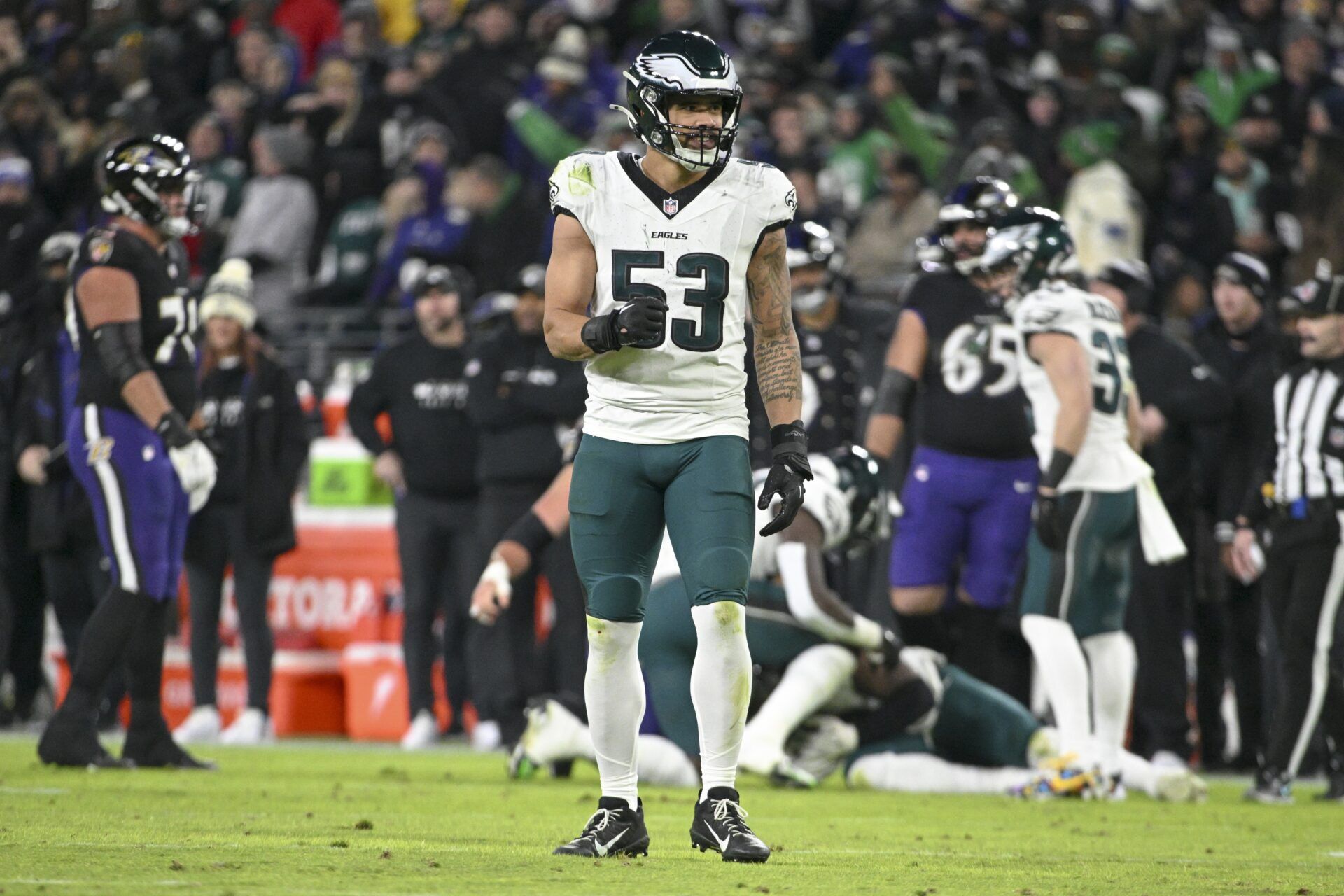 Philadelphia Eagles linebacker Zack Baun (53) reacts during the game against the Baltimore Ravens at M&T Bank Stadium.