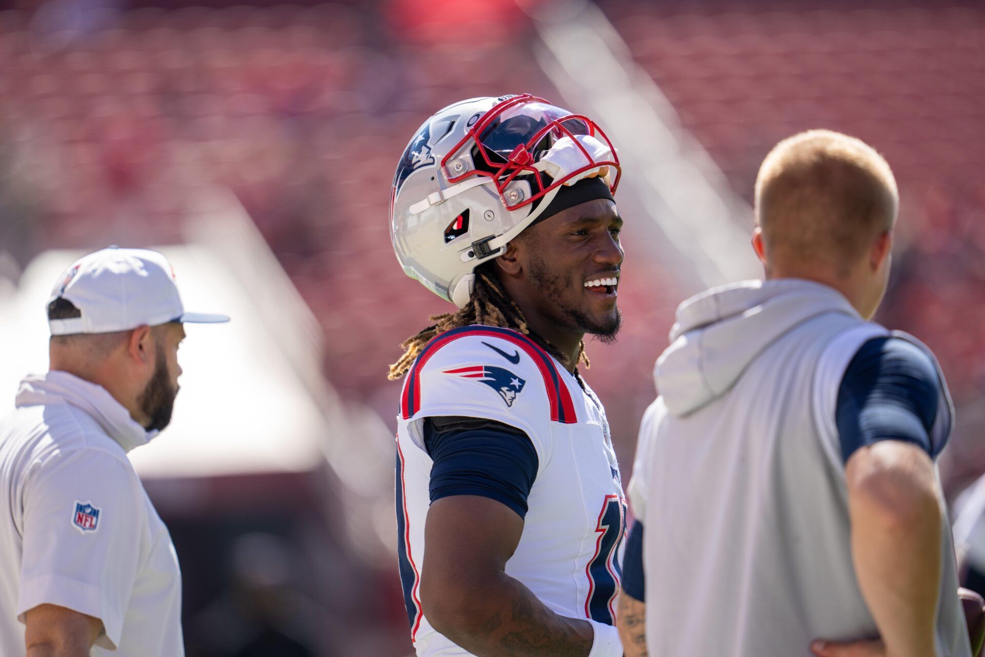 New England Patriots quarterback Joe Milton III (19) during warmups before the start of the game against the San Francisco 49ers at Levi's Stadium.