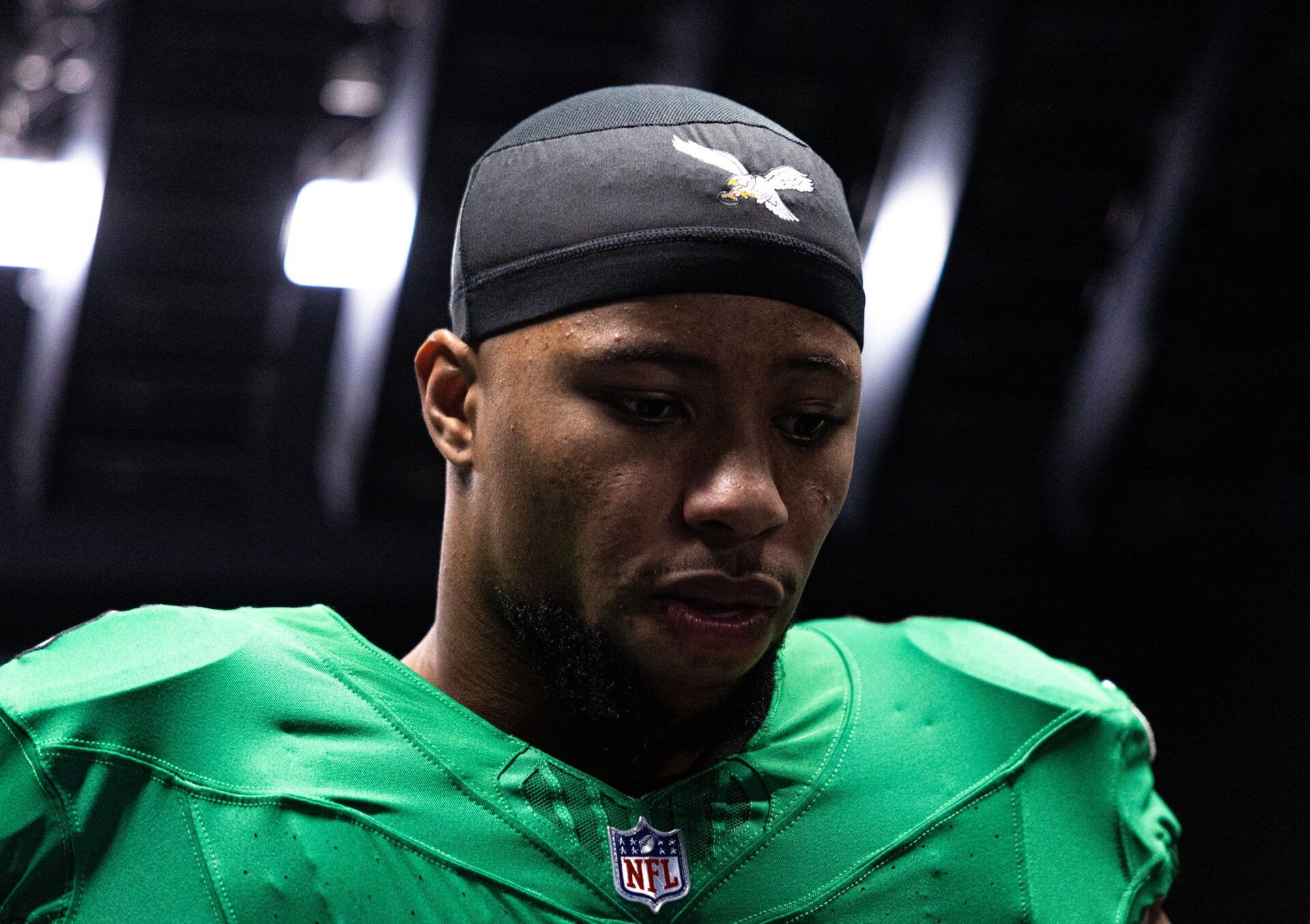 Philadelphia Eagles running back Saquon Barkley (26) walks from the tunnel for a game against the Dallas Cowboys at Lincoln Financial Field.