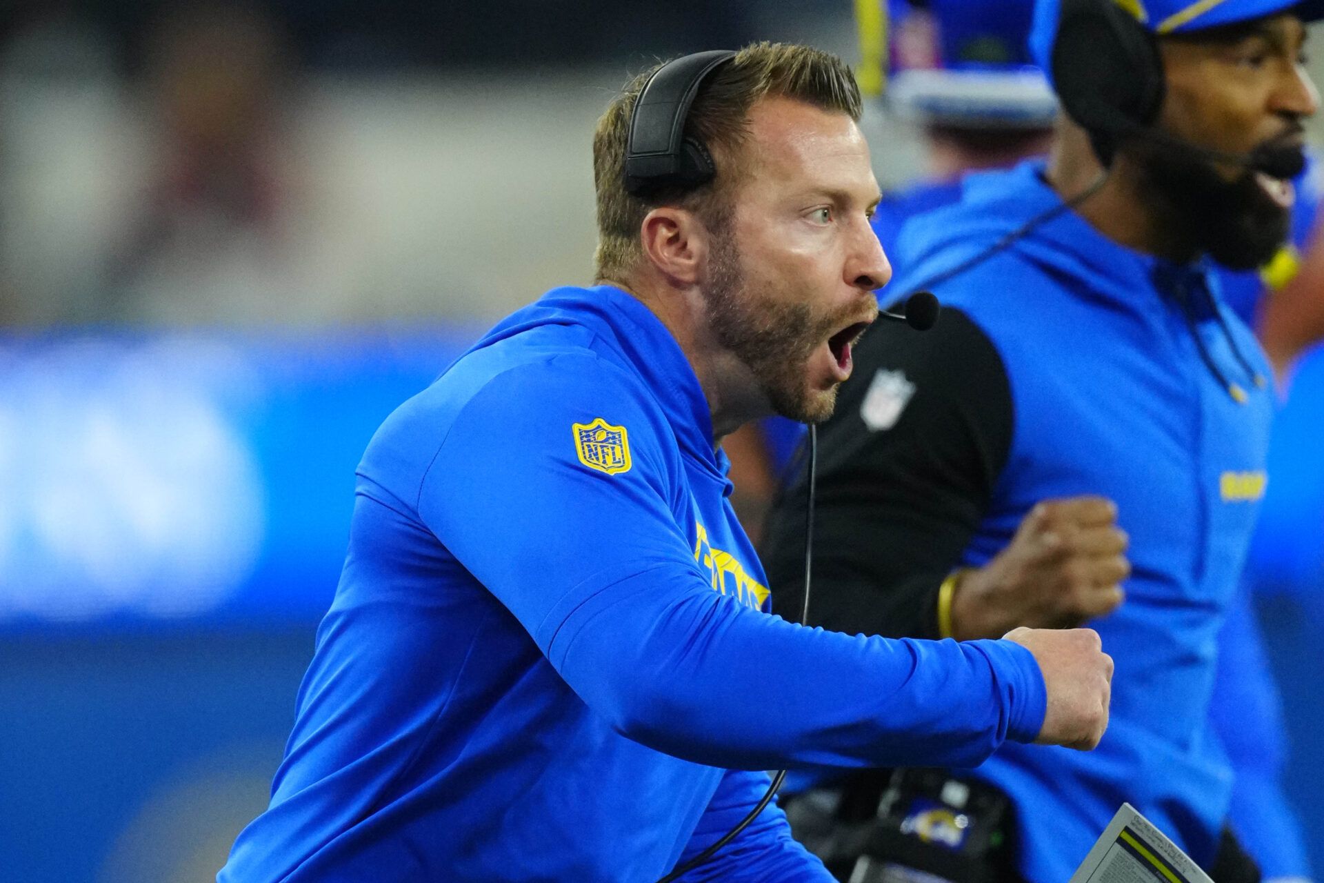 Dec 28, 2024; Inglewood, California, USA; Los Angeles Rams coach Sean McVay reacts against the Arizona Cardinals in the first half at SoFi Stadium. Mandatory Credit: Kirby Lee-Imagn Images