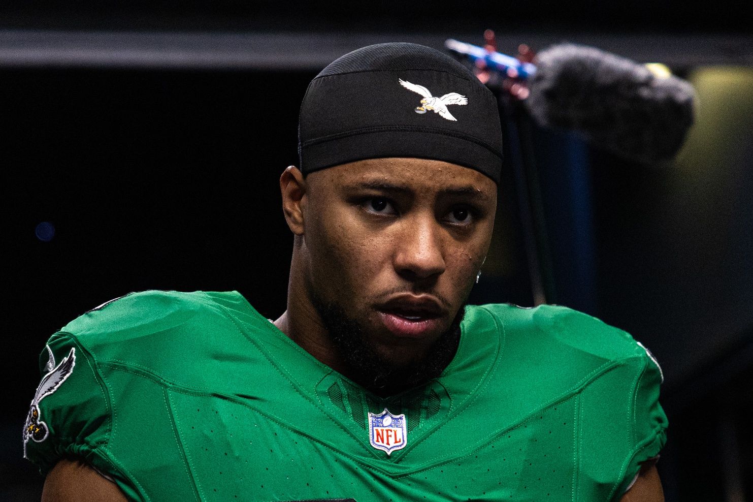 Philadelphia Eagles running back Saquon Barkley (26) walks from the tunnel for a game against the Dallas Cowboys at Lincoln Financial Field.