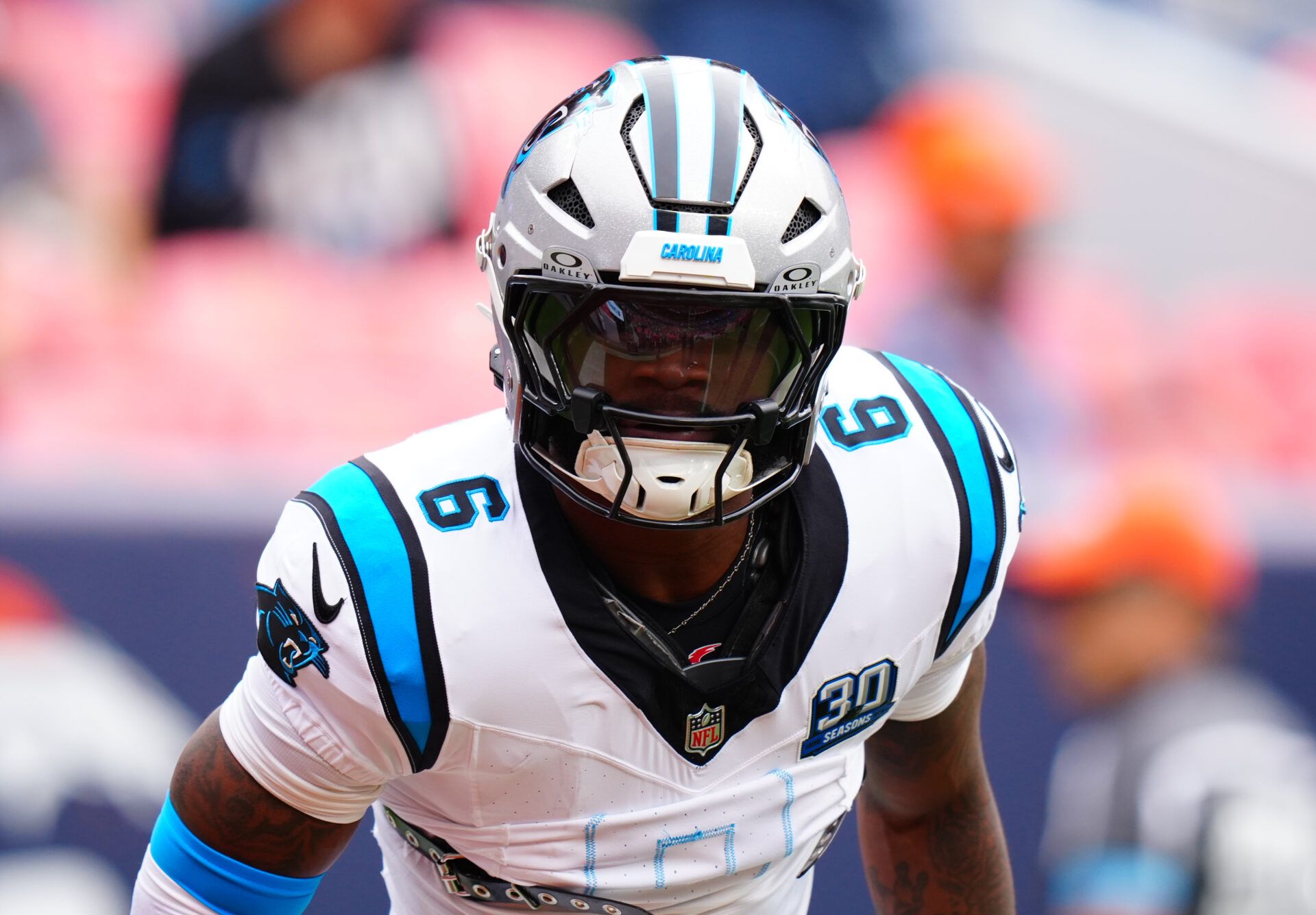 Oct 27, 2024; Denver, Colorado, USA; Carolina Panthers running back Miles Sanders (6) before the game against the Denver Broncos at Empower Field at Mile High. Mandatory Credit: Ron Chenoy-Imagn Images