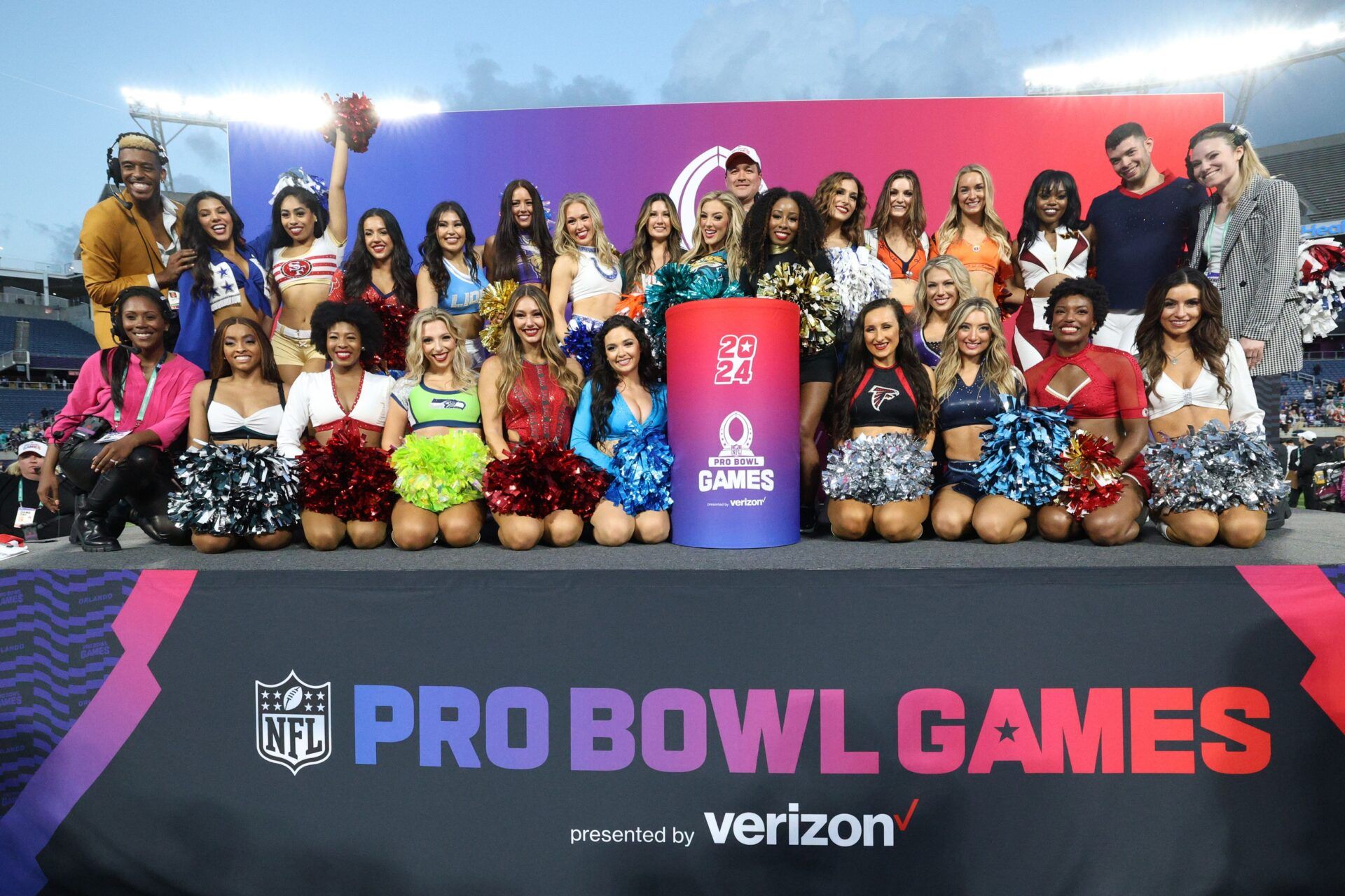 NFL Cheerleaders pose for a photograph during the 2024 Pro Bowl at Camping World Stadium.