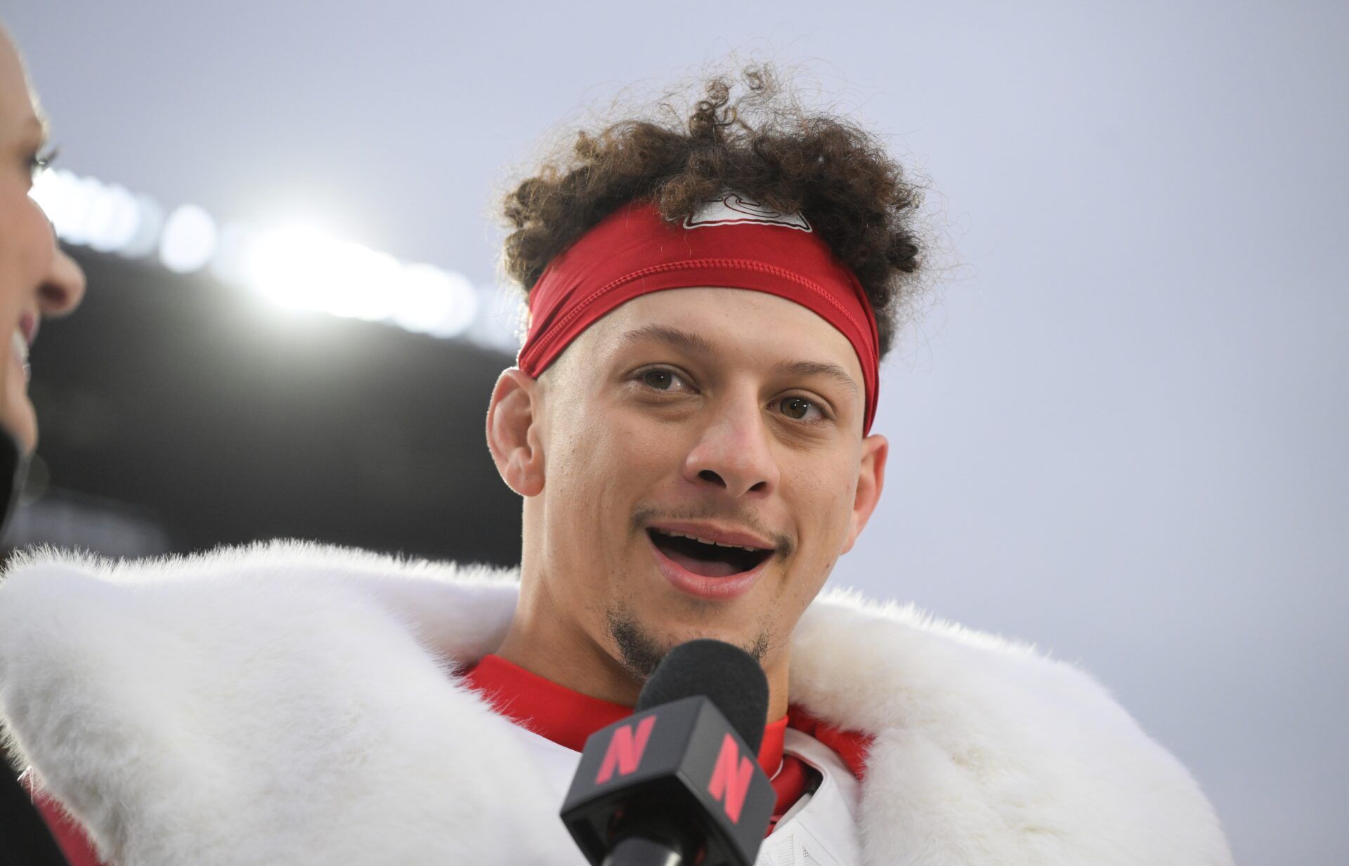 Kansas City Chiefs quarterback Patrick Mahomes (15) is interviewed by Netflix reporter Stacey Dales following a win against the Pittsburgh Steelers at Acrisure Stadium.