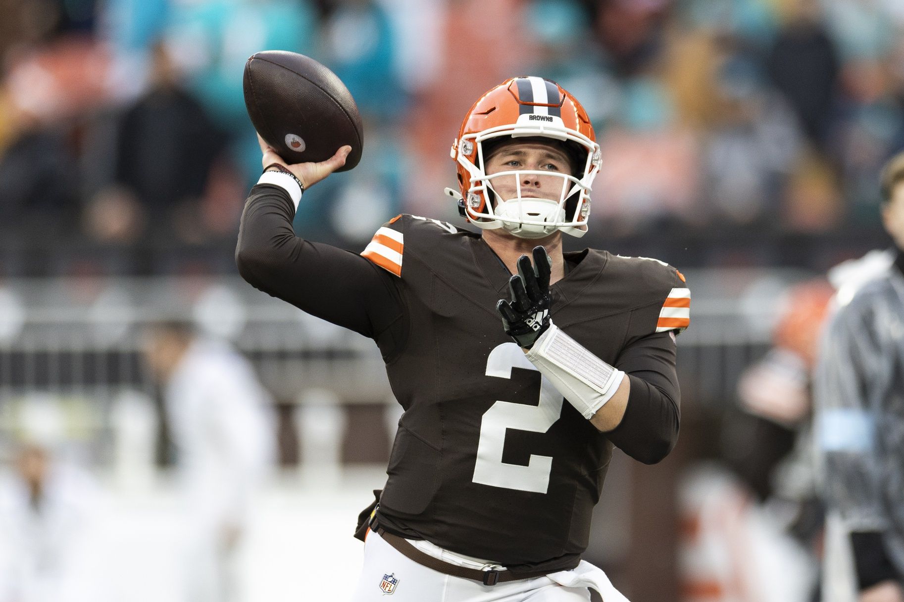 Cleveland Browns quarterback Bailey Zappe (2) throws the ball during warm ups before the game against the Miami Dolphins at Huntington Bank Field.