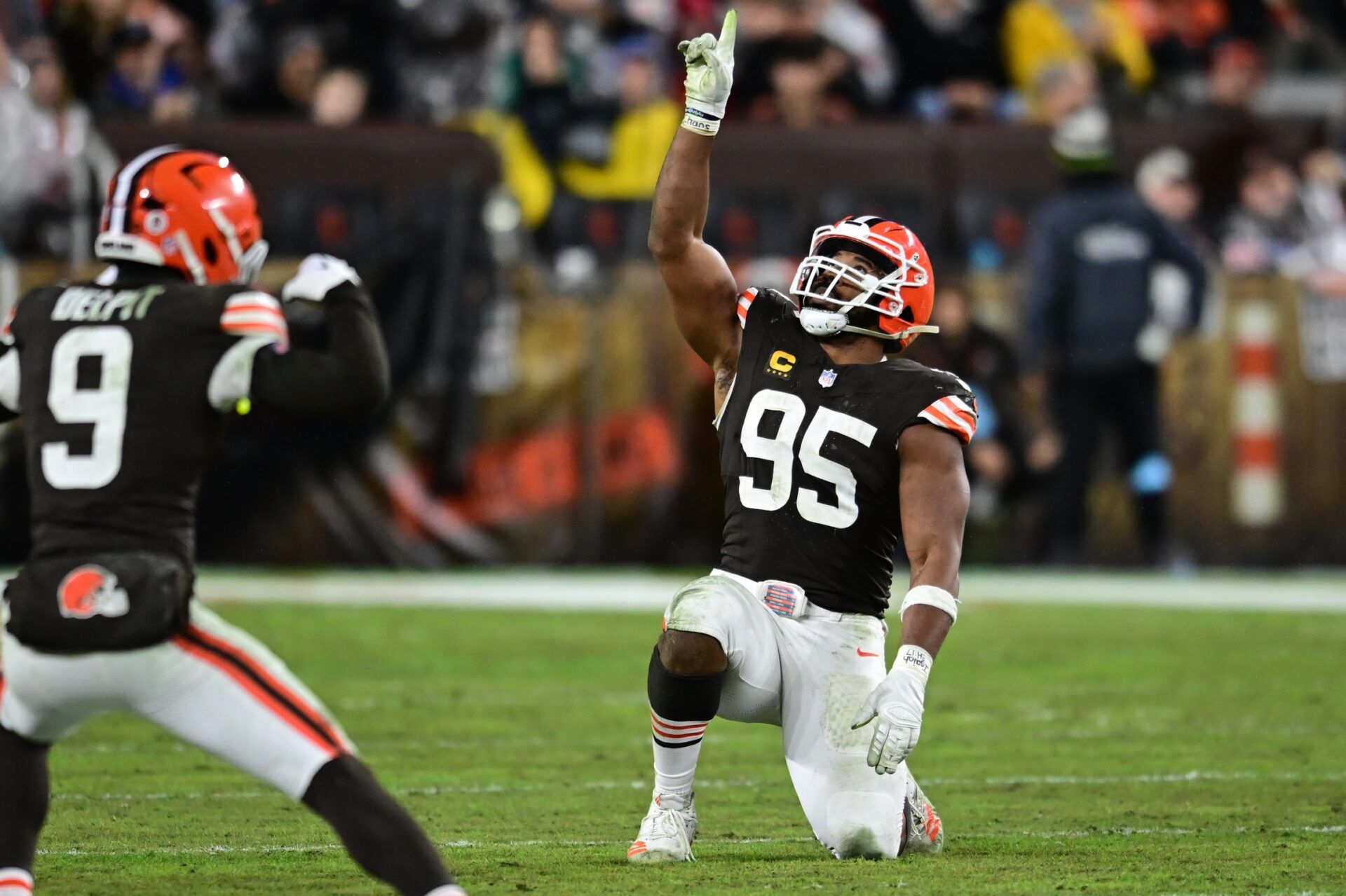 Cleveland Browns defensive end Myles Garrett (95) celebrates after a sack during the second half