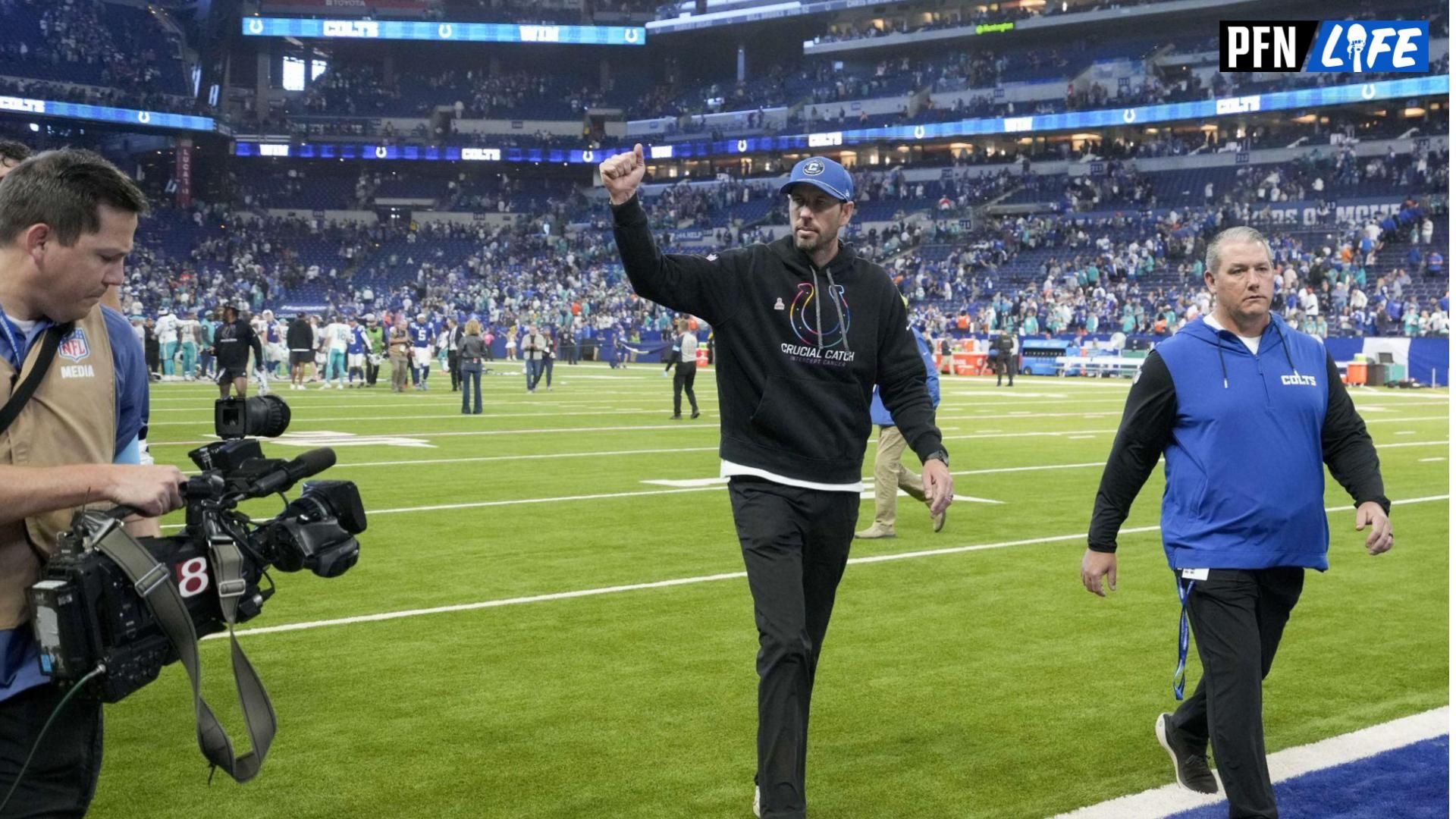 Indianapolis Colts head coach Shane Steichen leaves the field Sunday, Oct. 20, 2024, after defeating the Miami Dolphins at Lucas Oil Stadium.