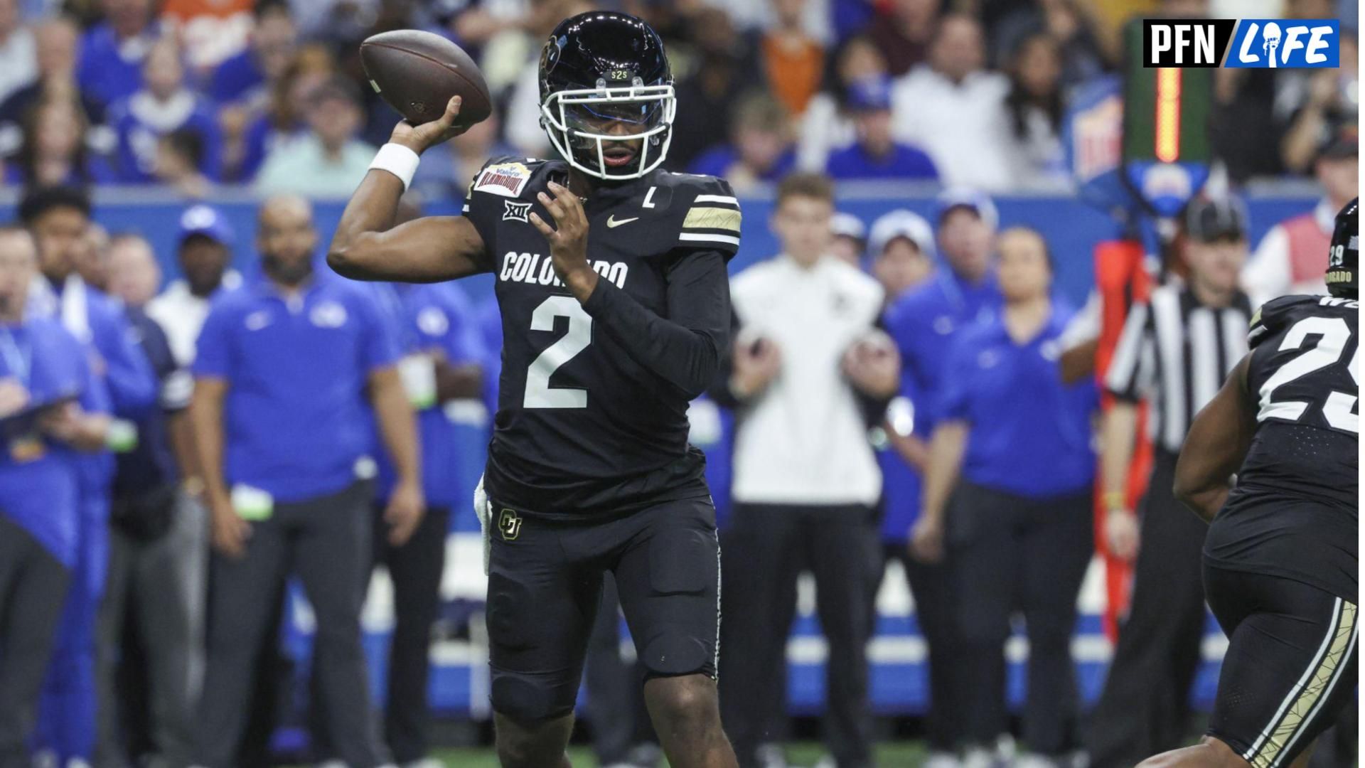 Colorado Buffaloes quarterback Shedeur Sanders (2) attempts a pass during the first quarter against the Brigham Young Cougars at Alamodome.