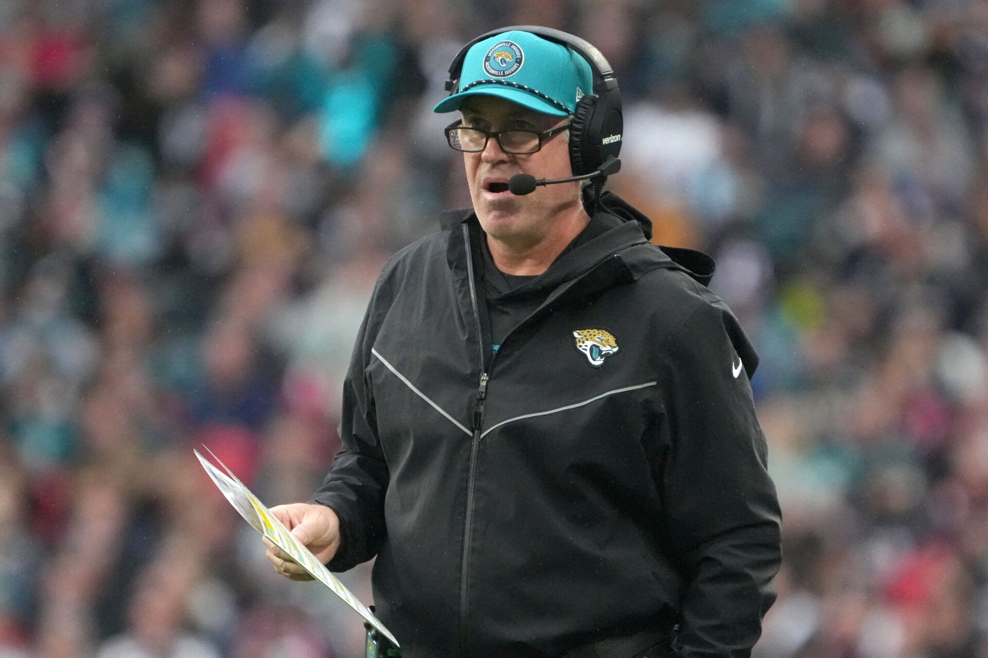 Oct 20, 2024; London, United Kingdom; Jacksonville Jaguars coach Doug Pederson watches from the sidelines against the New England Patriots in the first half of an NFL International Series game at Wembley Stadium. Mandatory Credit: Kirby Lee-Imagn Images