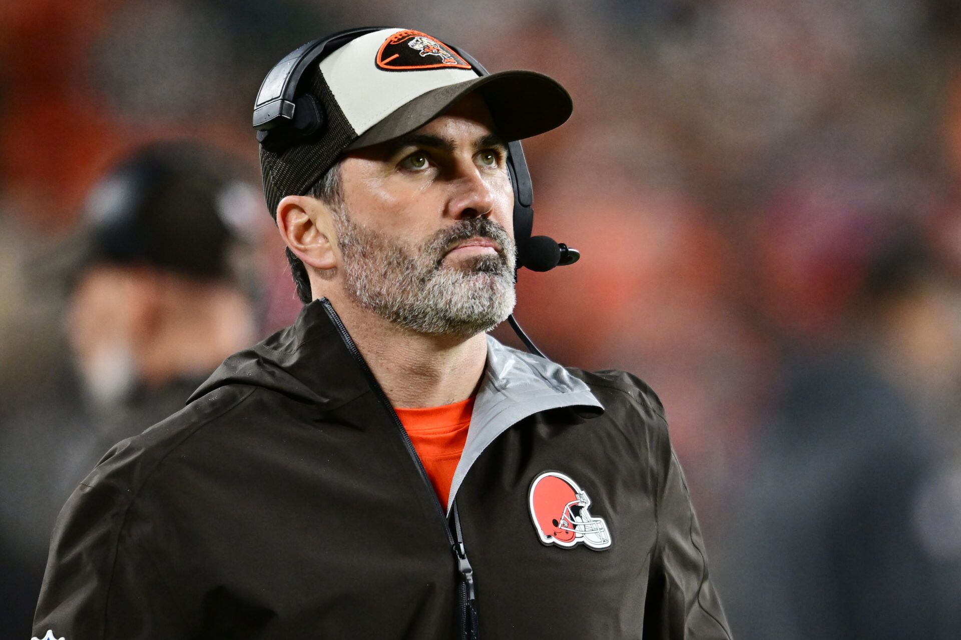 Dec 29, 2024; Cleveland, Ohio, USA; Cleveland Browns head coach Kevin Stefanski looks on during the second half against the Miami Dolphins at Huntington Bank Field. Mandatory Credit: Ken Blaze-Imagn Images