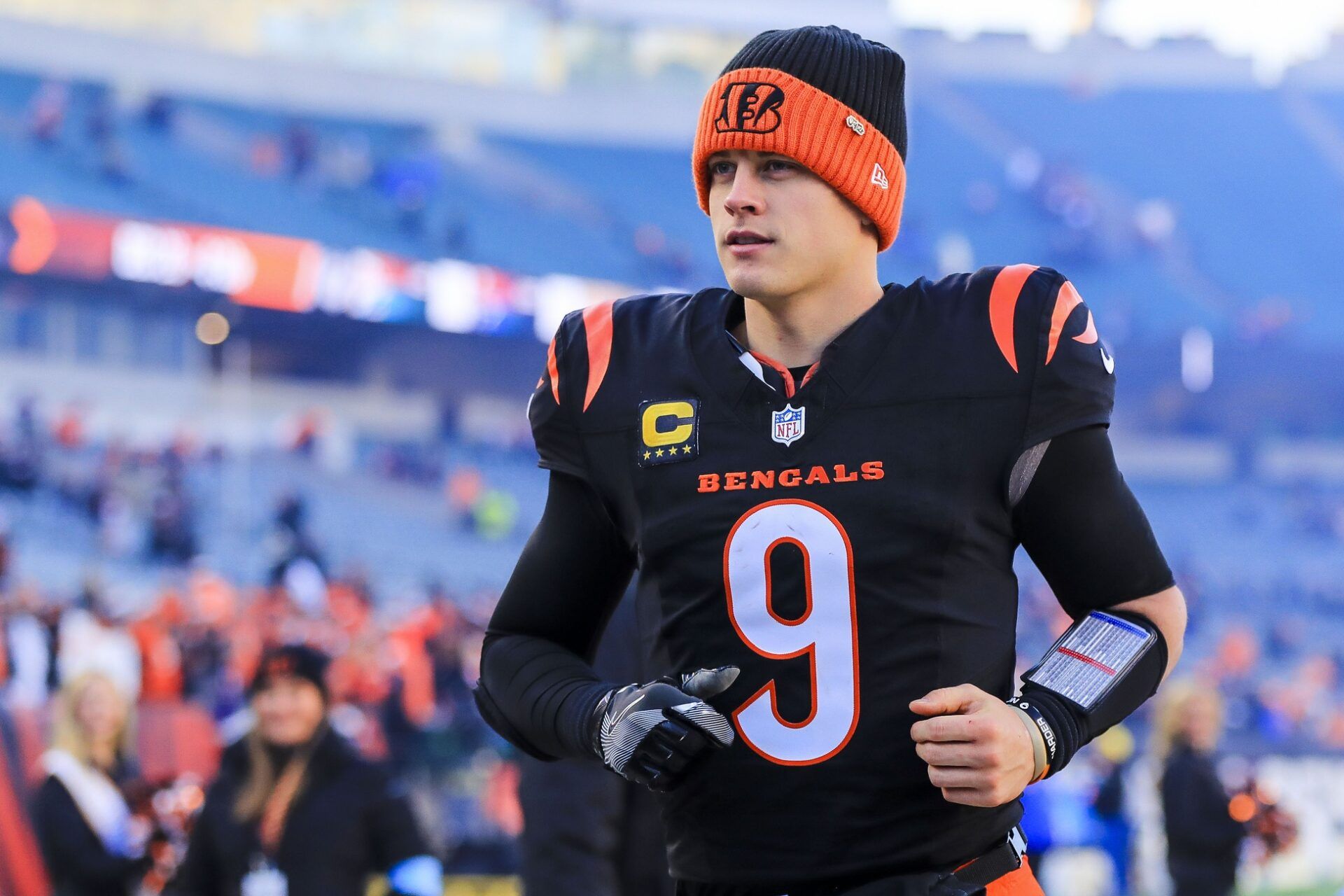 Dec 22, 2024; Cincinnati, Ohio, USA; Cincinnati Bengals quarterback Joe Burrow (9) runs off the field after the victory over the Cleveland Browns at Paycor Stadium. Mandatory Credit: Katie Stratman-Imagn Images