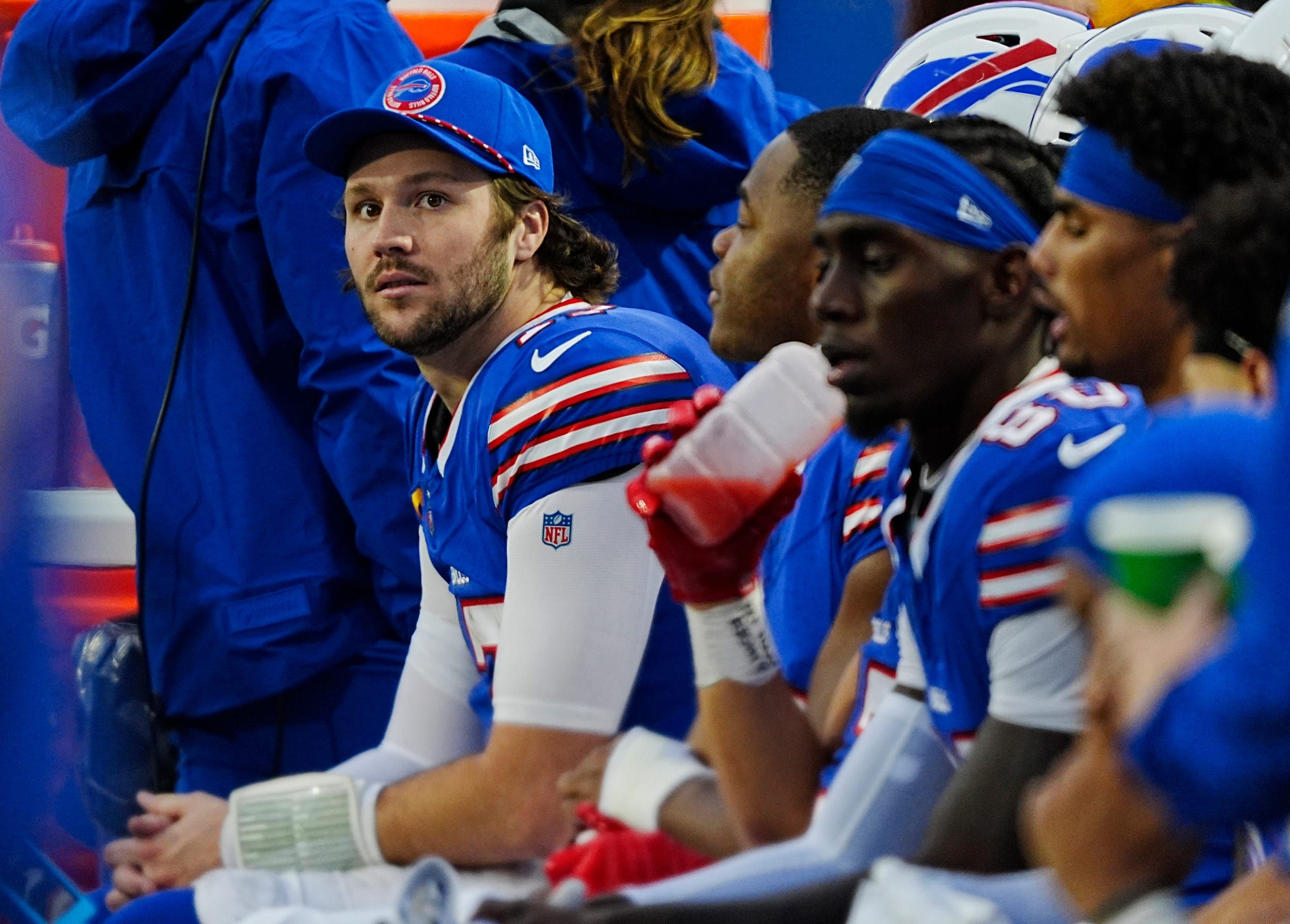 Buffalo Bills quarterback Josh Allen (17) sits out a portion of the fourth quarter after the Bills held a large lead over then Jets during second half action at the Bills home game against the New York Jets at Highmark Stadium in Orchard Park on Dec. 29, 2024.