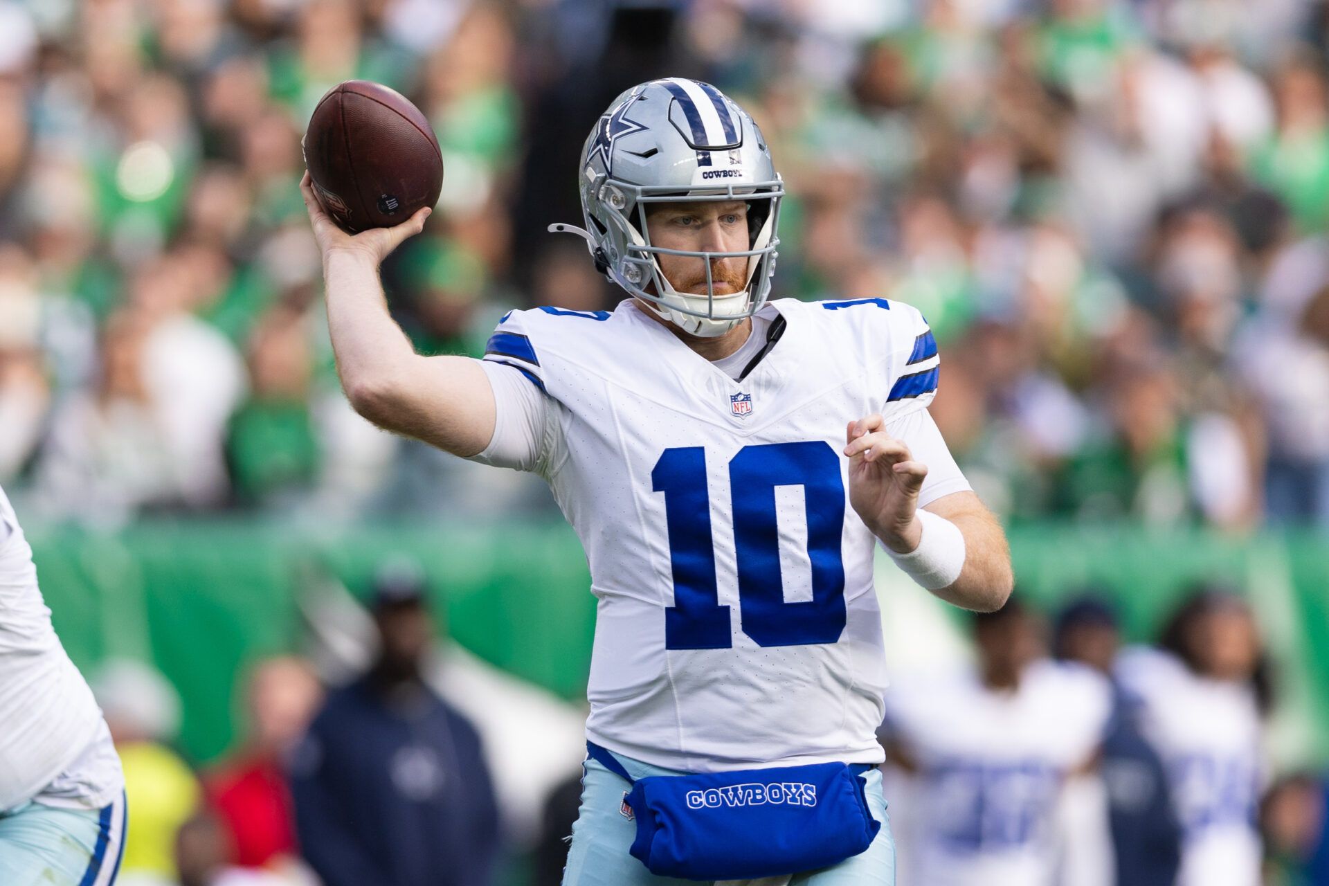 Dec 29, 2024; Philadelphia, Pennsylvania, USA; Dallas Cowboys quarterback Cooper Rush (10) passes the ball against the Philadelphia Eagles during the second quarter at Lincoln Financial Field. Mandatory Credit: Bill Streicher-Imagn Images