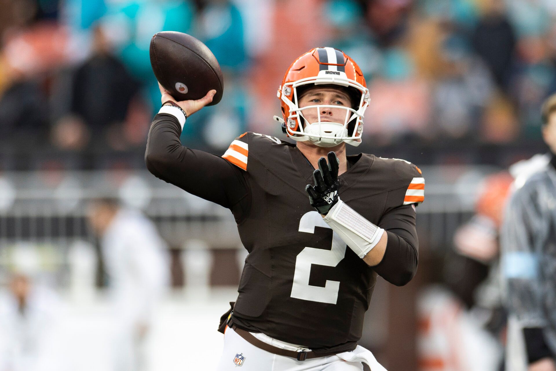 Dec 29, 2024; Cleveland, Ohio, USA; Cleveland Browns quarterback Bailey Zappe (2) throws the ball during warm ups before the game against the Miami Dolphins at Huntington Bank Field. Mandatory Credit: Scott Galvin-Imagn Images