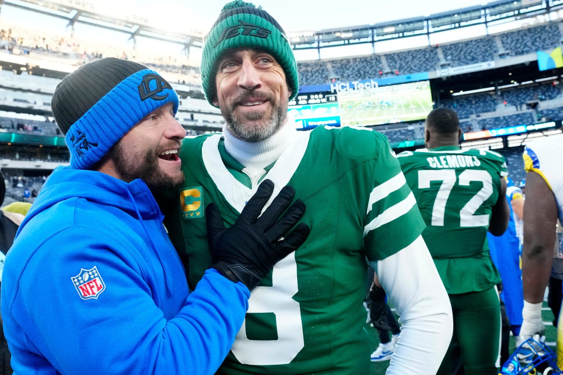 Los Angles Rams Head Coach Sean. McVay is shown with New York Jets quarterback Aaron Rodgers (8) after the game, Sunday, December 22, 2024, in East Rutherford.