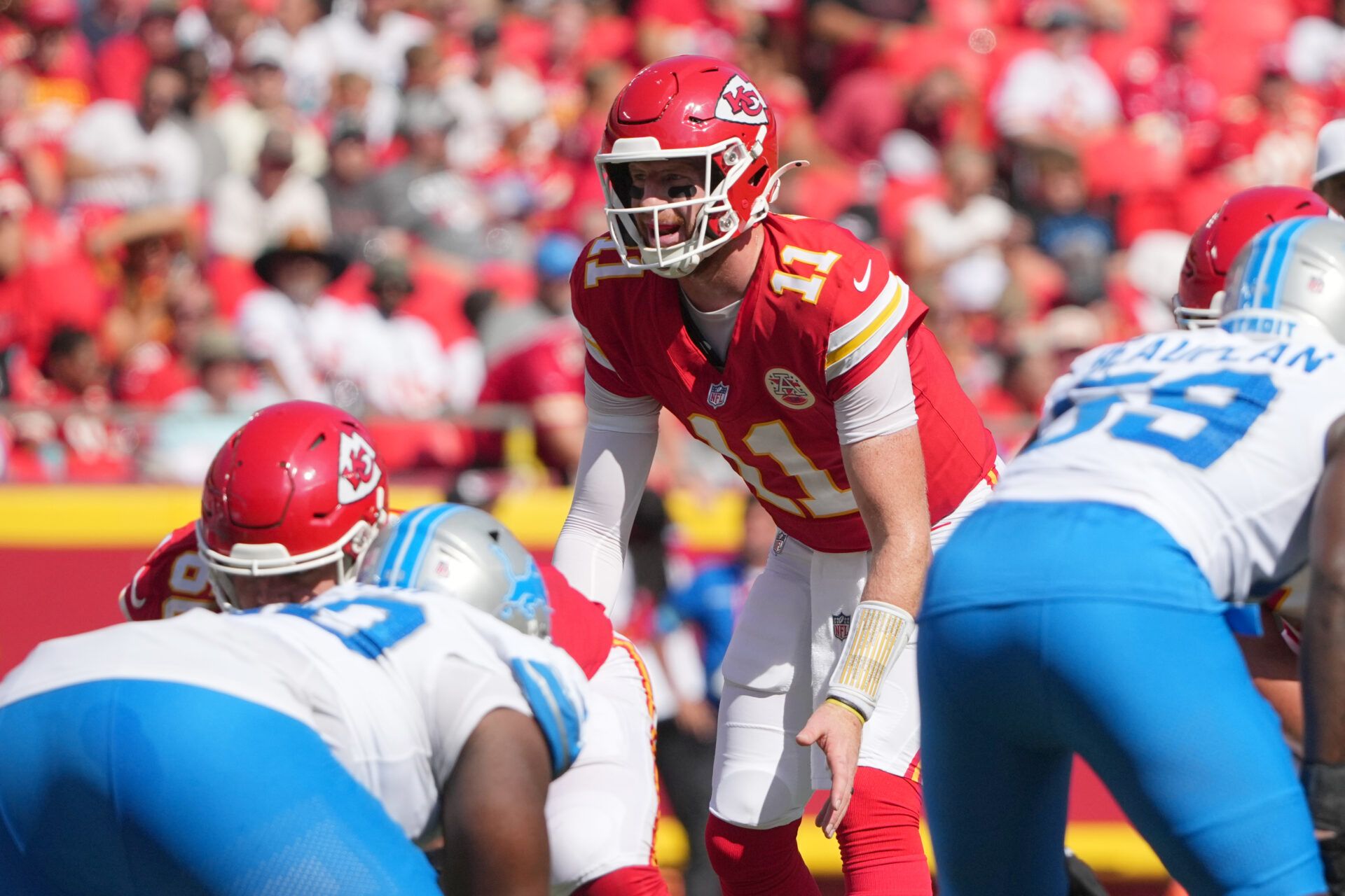 Aug 17, 2024; Kansas City, Missouri, USA; Kansas City Chiefs quarterback Carson Wentz (11) goes under center against the Detroit Lions during the first half at GEHA Field at Arrowhead Stadium. Mandatory Credit: Denny Medley-USA TODAY Sports