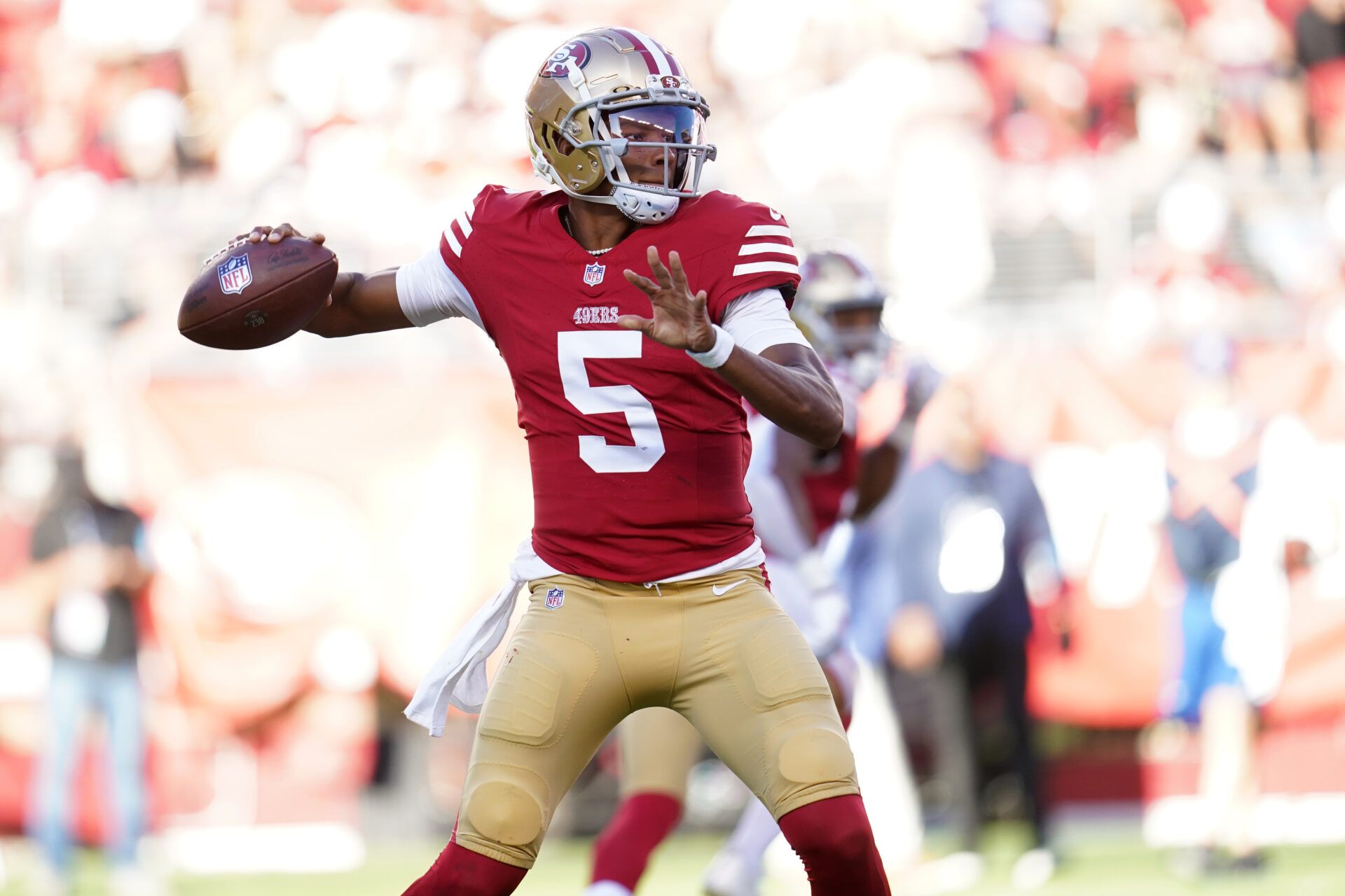 Aug 18, 2024; Santa Clara, California, USA; San Francisco 49ers quarterback Joshua Dobbs (5) throws a pass against the New Orleans Saints in the second quarter at Levi's Stadium. Mandatory Credit: Cary Edmondson-USA TODAY Sports