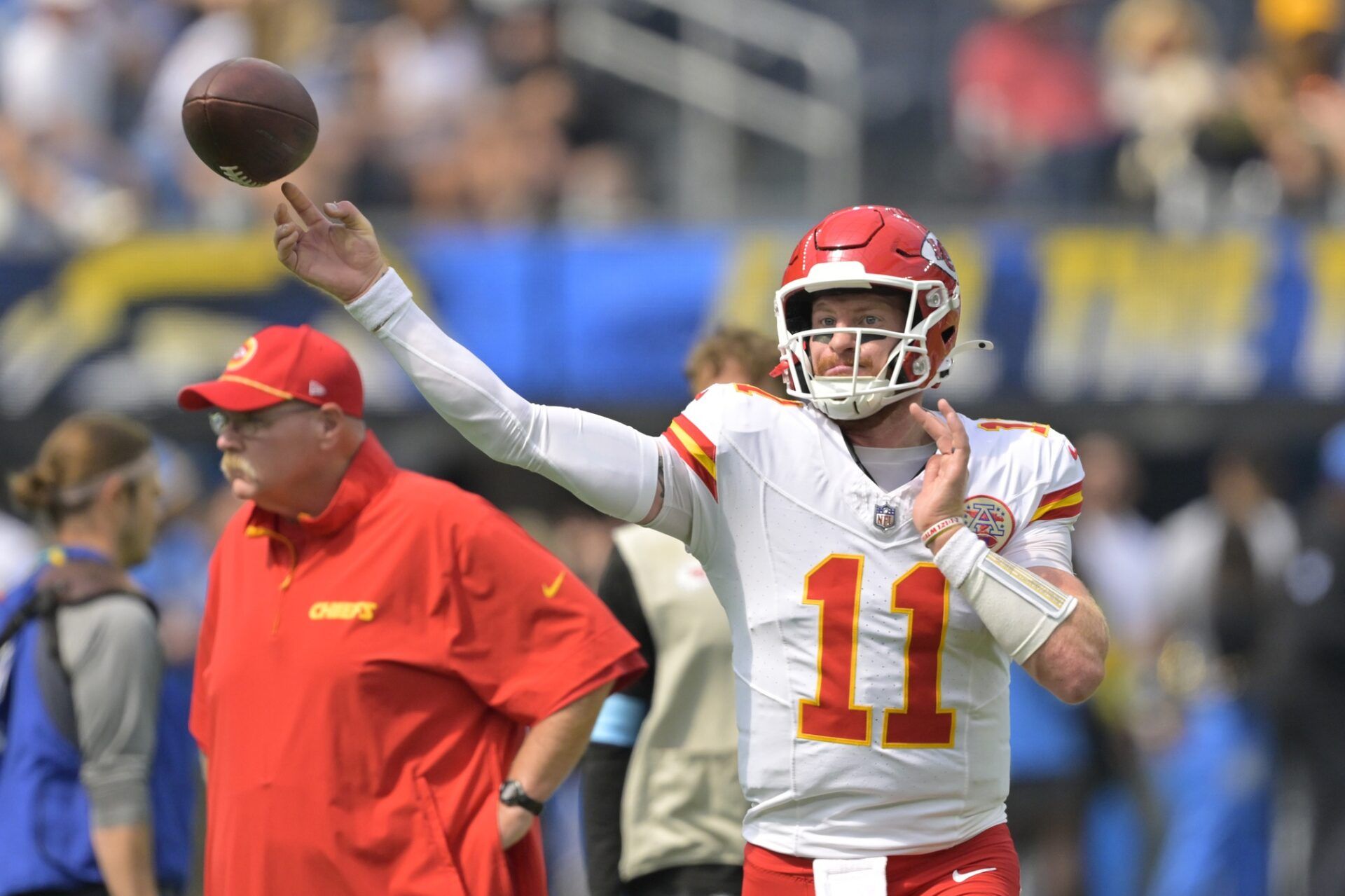 Kansas City Chiefs quarterback Carson Wentz (11) warms up prior to the game against the Los Angeles Chargers at SoFi Stadium.