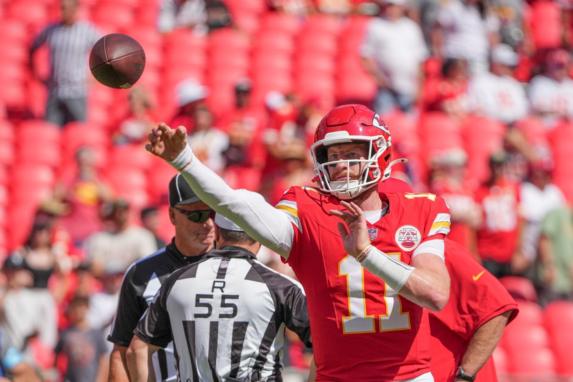 Kansas City Chiefs quarterback Carson Wentz (11) warms up against the Cincinnati Bengals prior to a game at GEHA Field at Arrowhead Stadium.