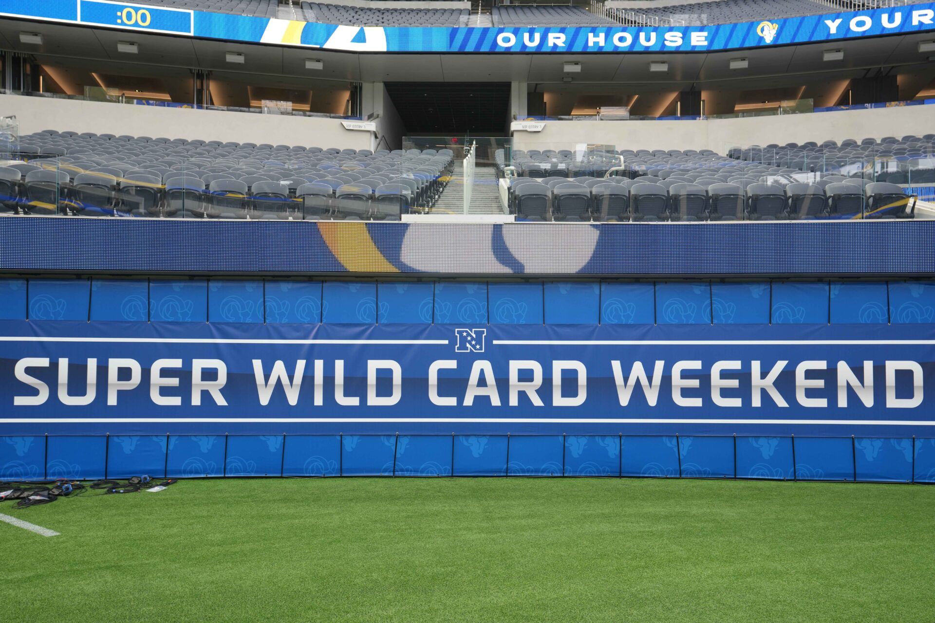 Jan 17, 2022; Inglewood, California, USA; A NFC Wild Card playoff logo at SoFi Stadium. Mandatory Credit: Kirby Lee-USA TODAY Sports