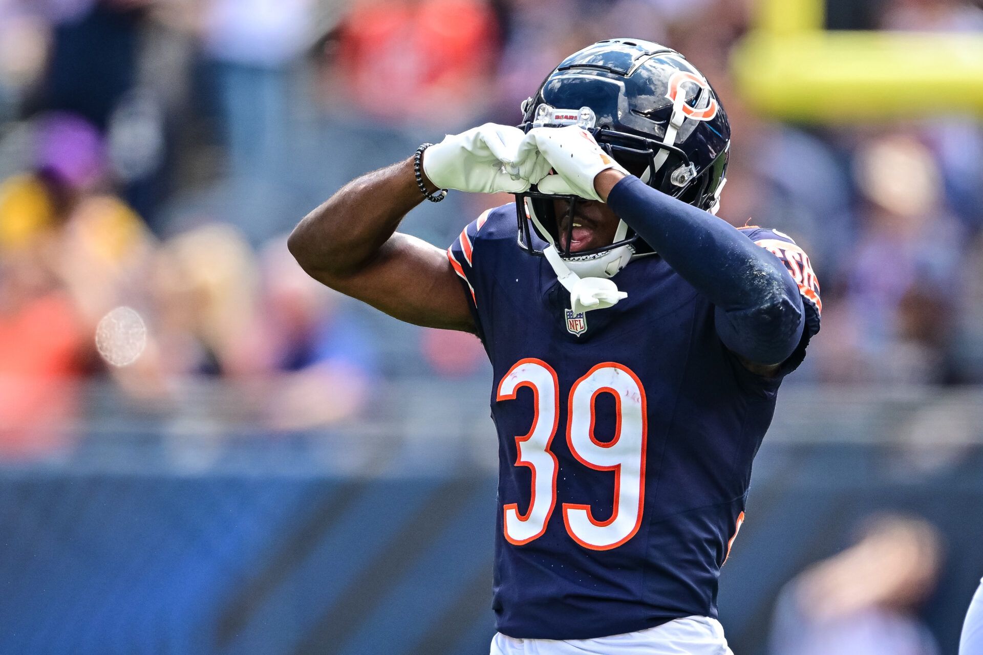 Aug 17, 2024; Chicago, Illinois, USA; Chicago Bears cornerback Josh Blackwell (39) celebrate a defensive stop against the Cincinnati Bengals during the second quarter at Soldier Field. Mandatory Credit: Daniel Bartel-USA TODAY Sports