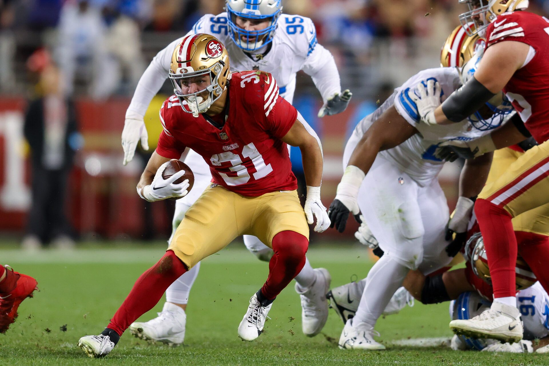 San Francisco 49ers running back Isaac Guerendo (31) during the game against the Detroit Lions at Levi's Stadium.