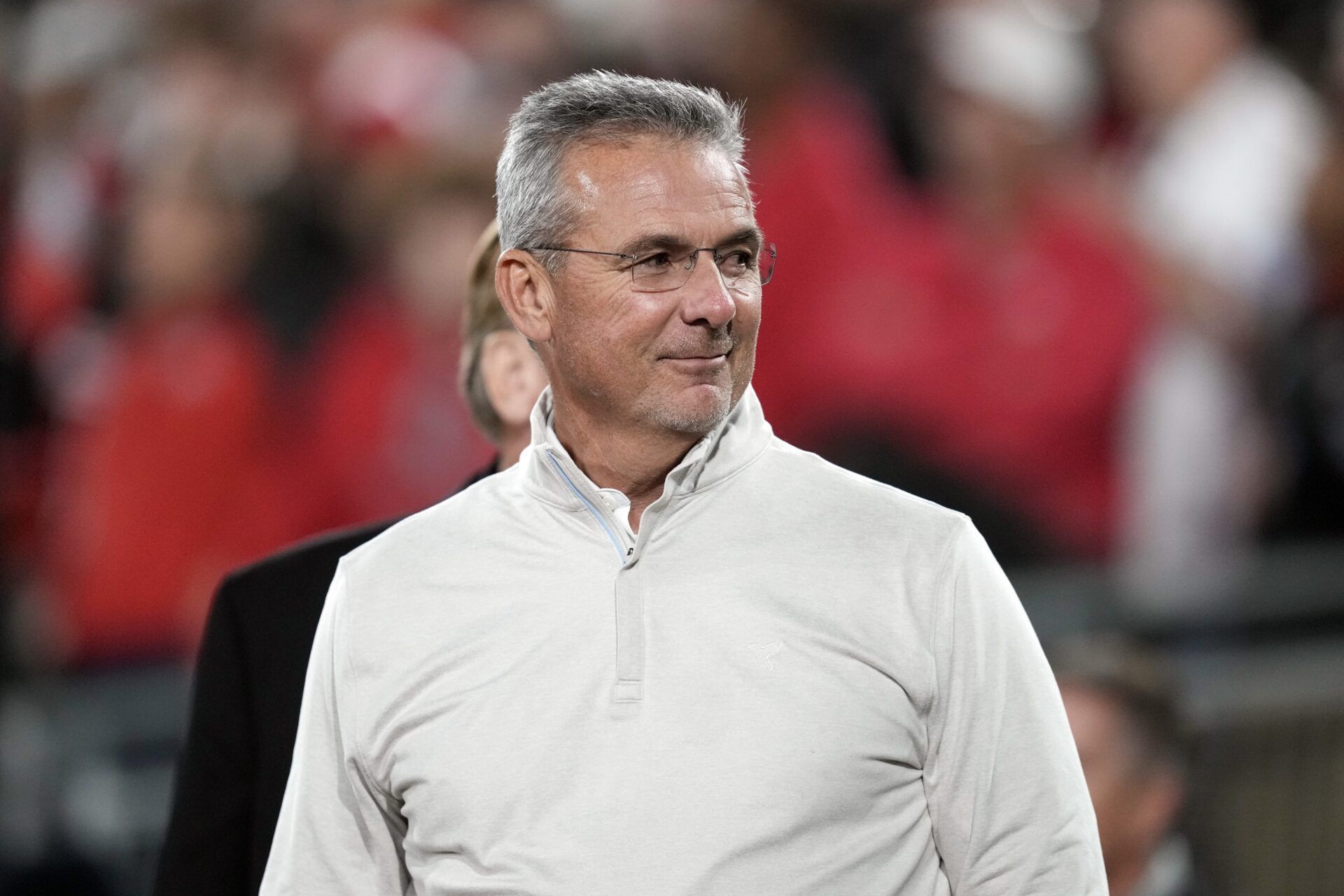 Ohio State Buckeyes former head coach Urban Meyer looks on in the second half between the Oregon Ducks and the Ohio State Buckeyes in the 2025 Rose Bowl college football quarterfinal game at Rose Bowl Stadium.