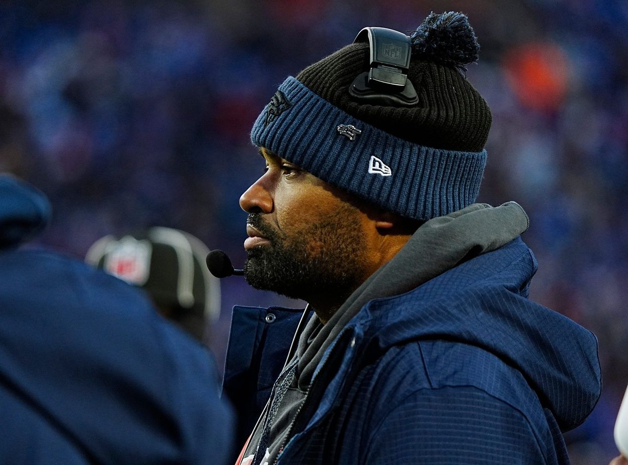 New England Patriots head coach Jerod Mayo watches his team during first half action at Highmark Stadium where the Buffalo Bills hosted the New England Patriots in Orchard Park on Dec. 22, 2024.