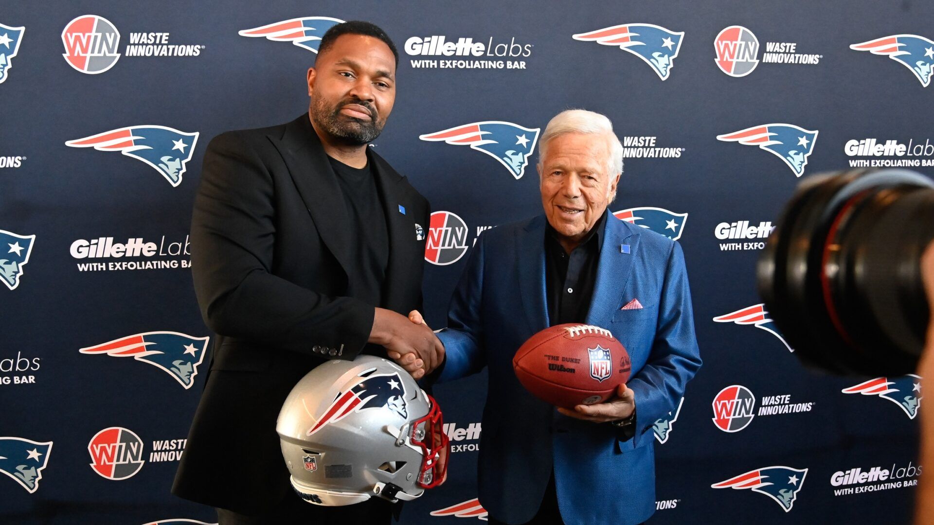 New England Patriots head coach Jerod Mayo (L) and owner Robert Kraft pose for photos after a press conference announcing Mayo's hiring as the team's head coach at Gillette Stadium.