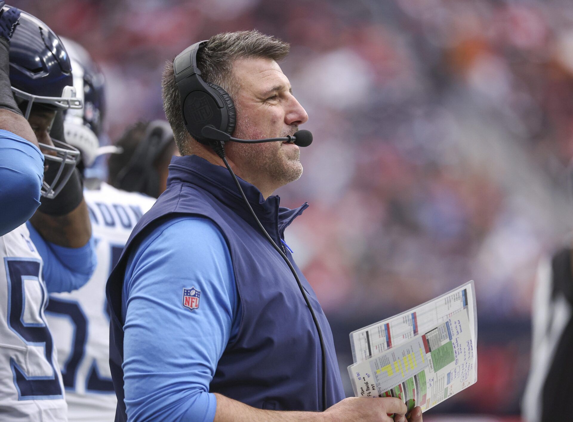 Tennessee Titans head coach Mike Vrabel looks on during the first quarter against the Houston Texans at NRG Stadium.