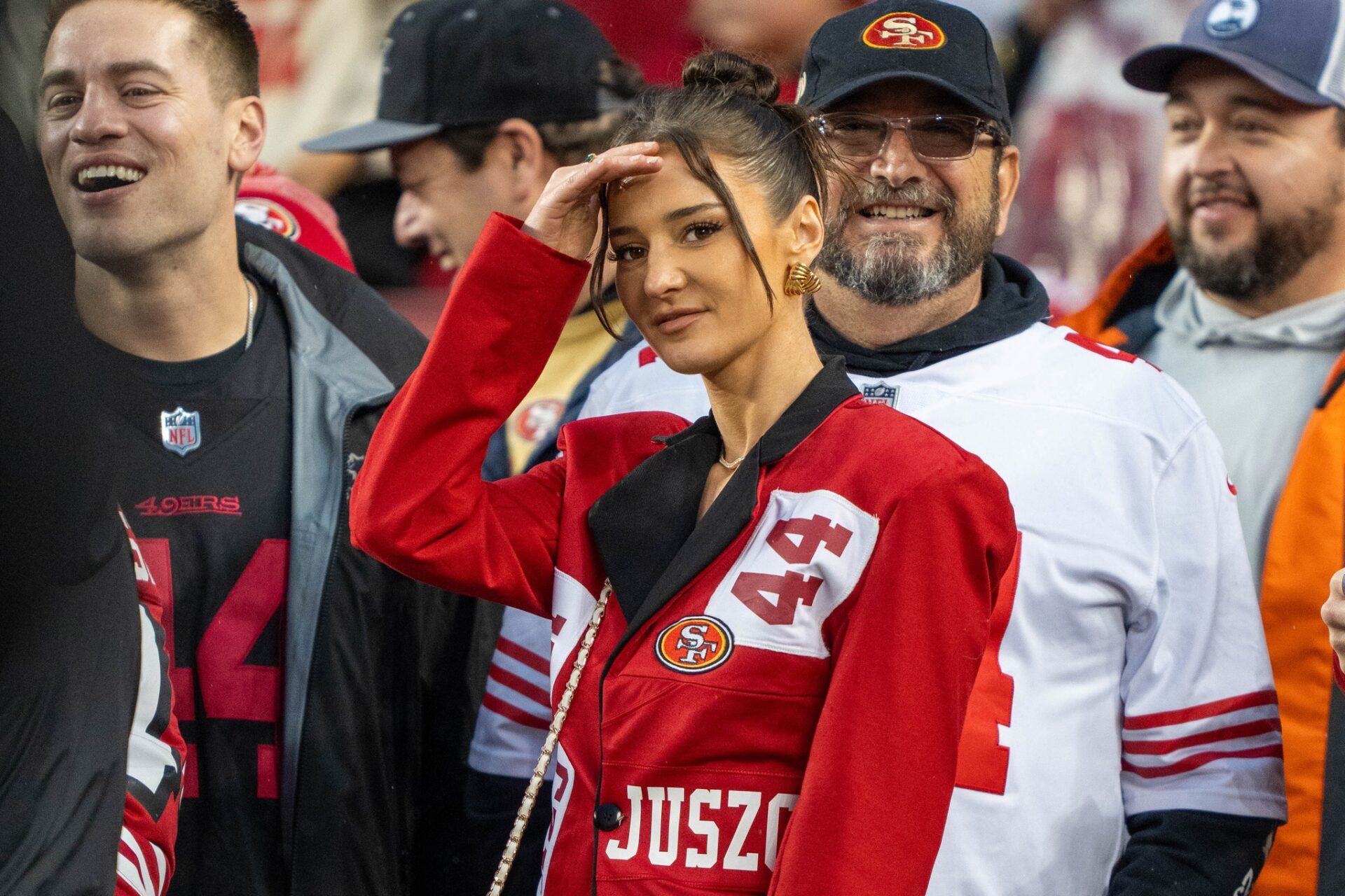 Kristin Juszczyk, wife of San Francisco 49ers fullback Kyle Juszczyk (44), before a 2024 NFC divisional round game against the Green Bay Packers at Levi's Stadium.