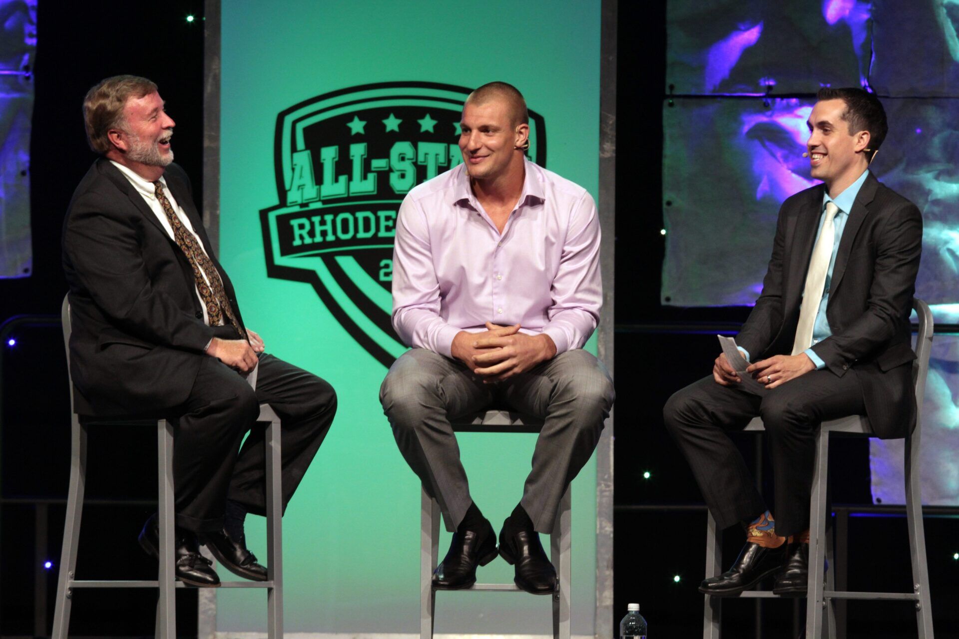 The Patriots' Rob Gronkowski is interviewed on stage by Providence Journal sports writers Jim Donaldson, left, and Mark Daniels at the 2016 RI All-State awards banquet.