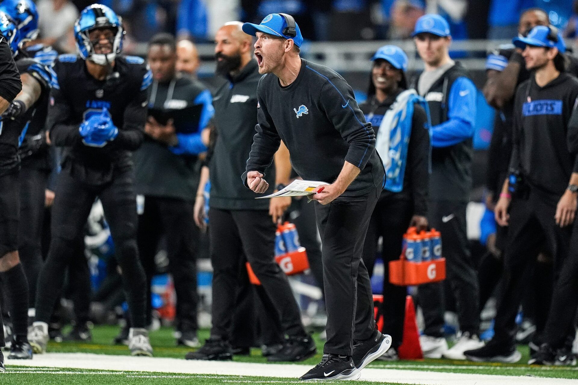 Detroit Lions offensive coordinator Ben Johnson celebrates a play against Minnesota Vikings during the second half at Ford Field in Detroit on Sunday, Jan. 5, 2025.