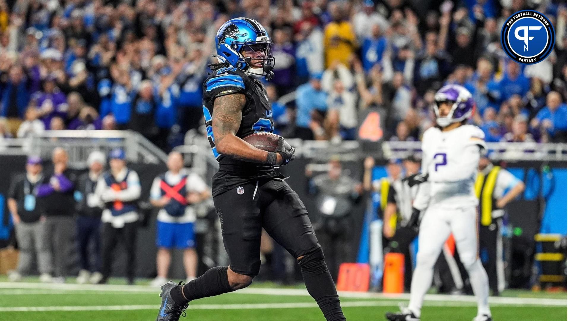 Detroit Lions running back Jahmyr Gibbs (26) runs for a touchdown against Minnesota Vikings during the second half at Ford Field in Detroit on Sunday, Jan. 5, 2025.