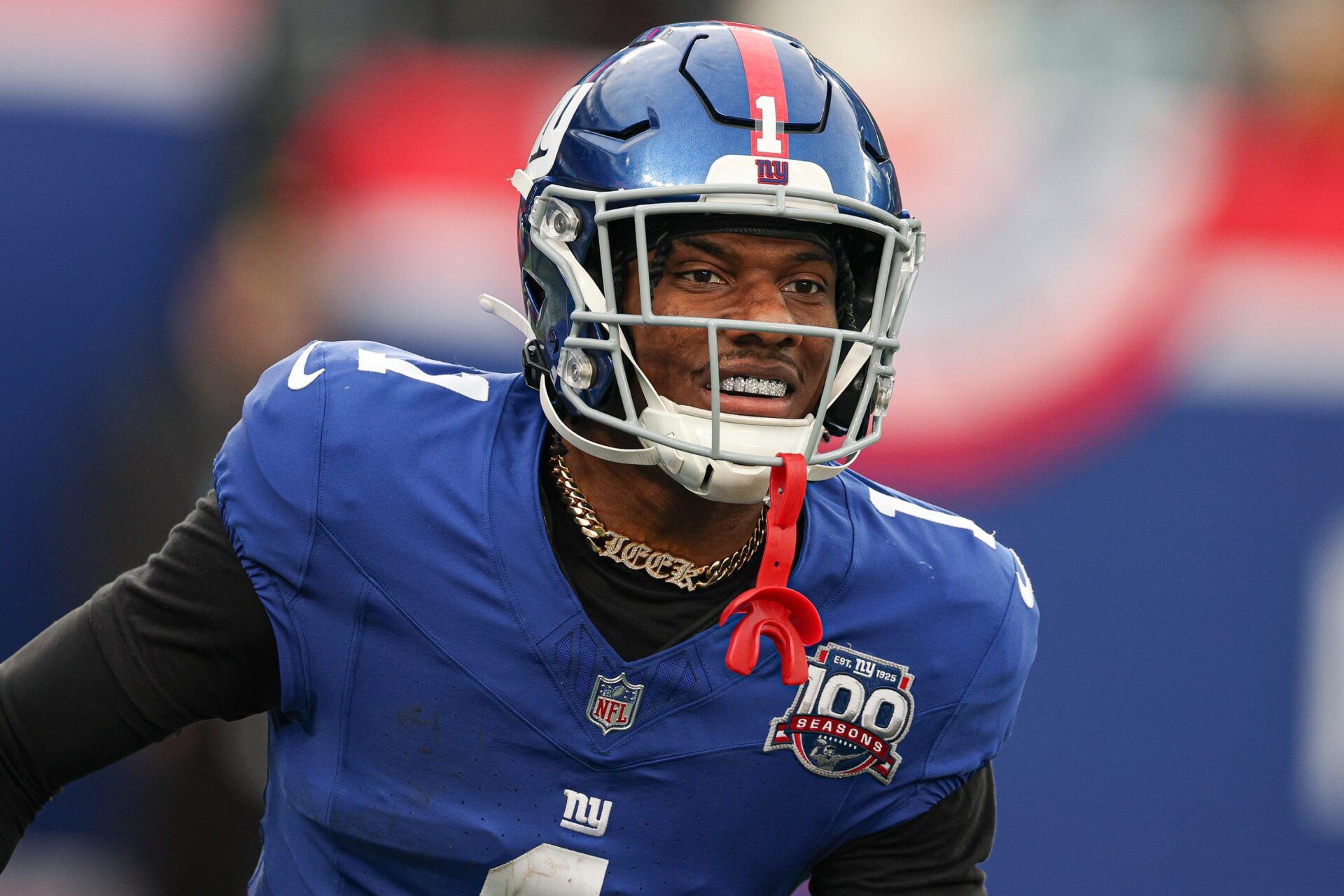 New York Giants wide receiver Malik Nabers (1) celebrates after a touchdown reception during the second half against the Indianapolis Colts at MetLife Stadium.