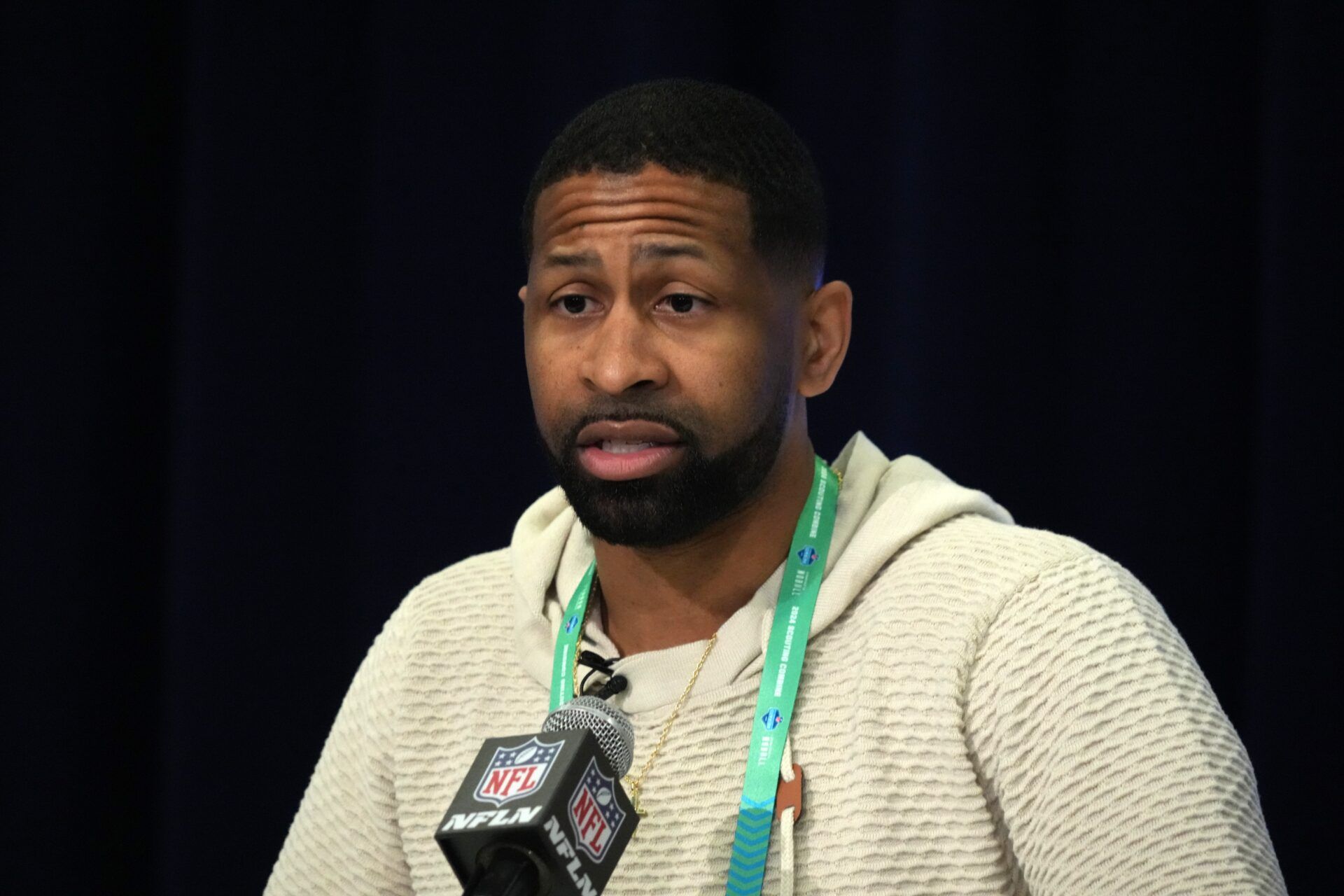 Cleveland Browns general manager Andrew Berry speaks during a press conference at the NFL Scouting Combine at Indiana Convention Center.