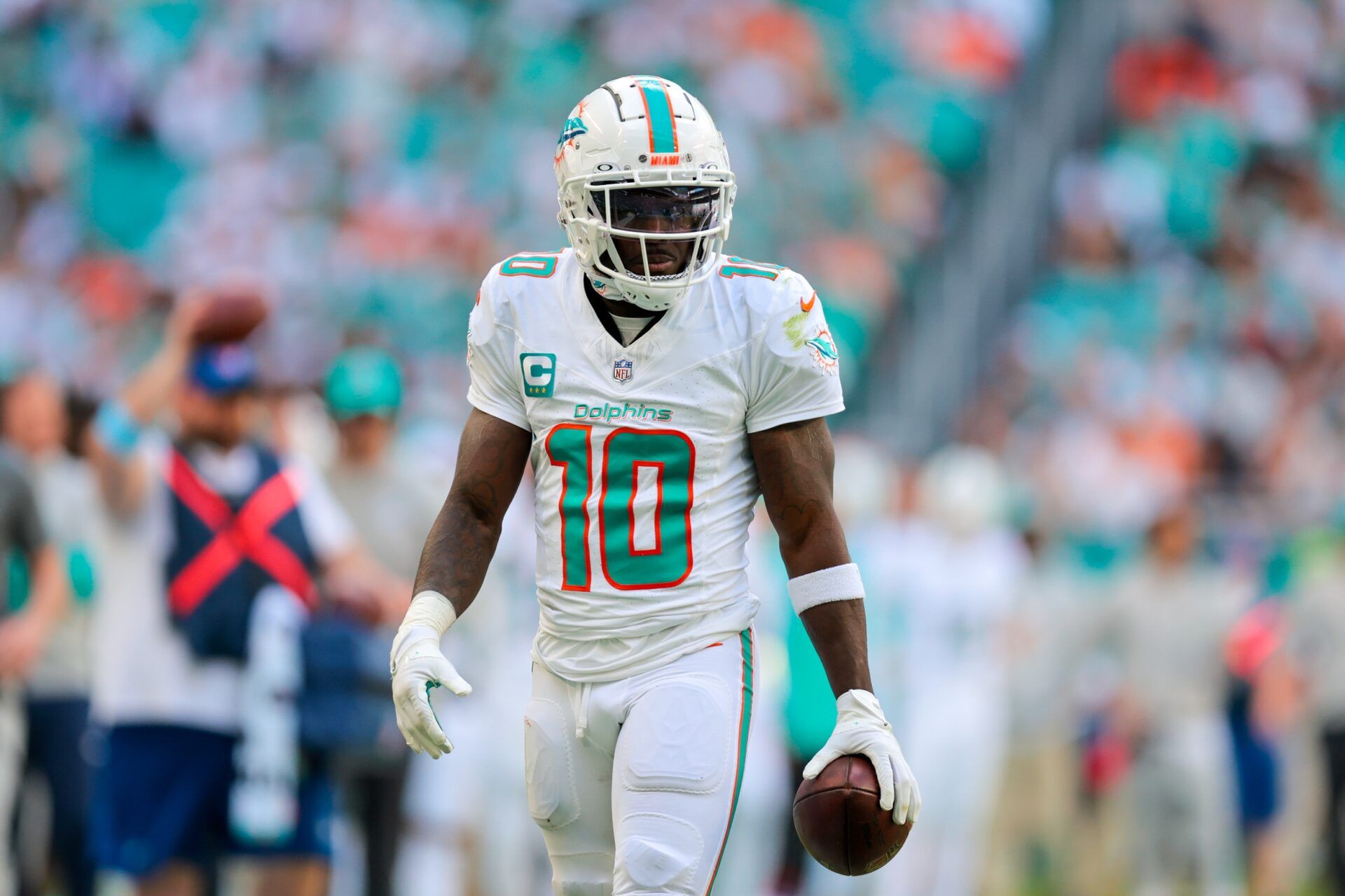 Miami Dolphins wide receiver Tyreek Hill (10) looks on after making a catch against the New York Jets during the first quarter at Hard Rock Stadium.