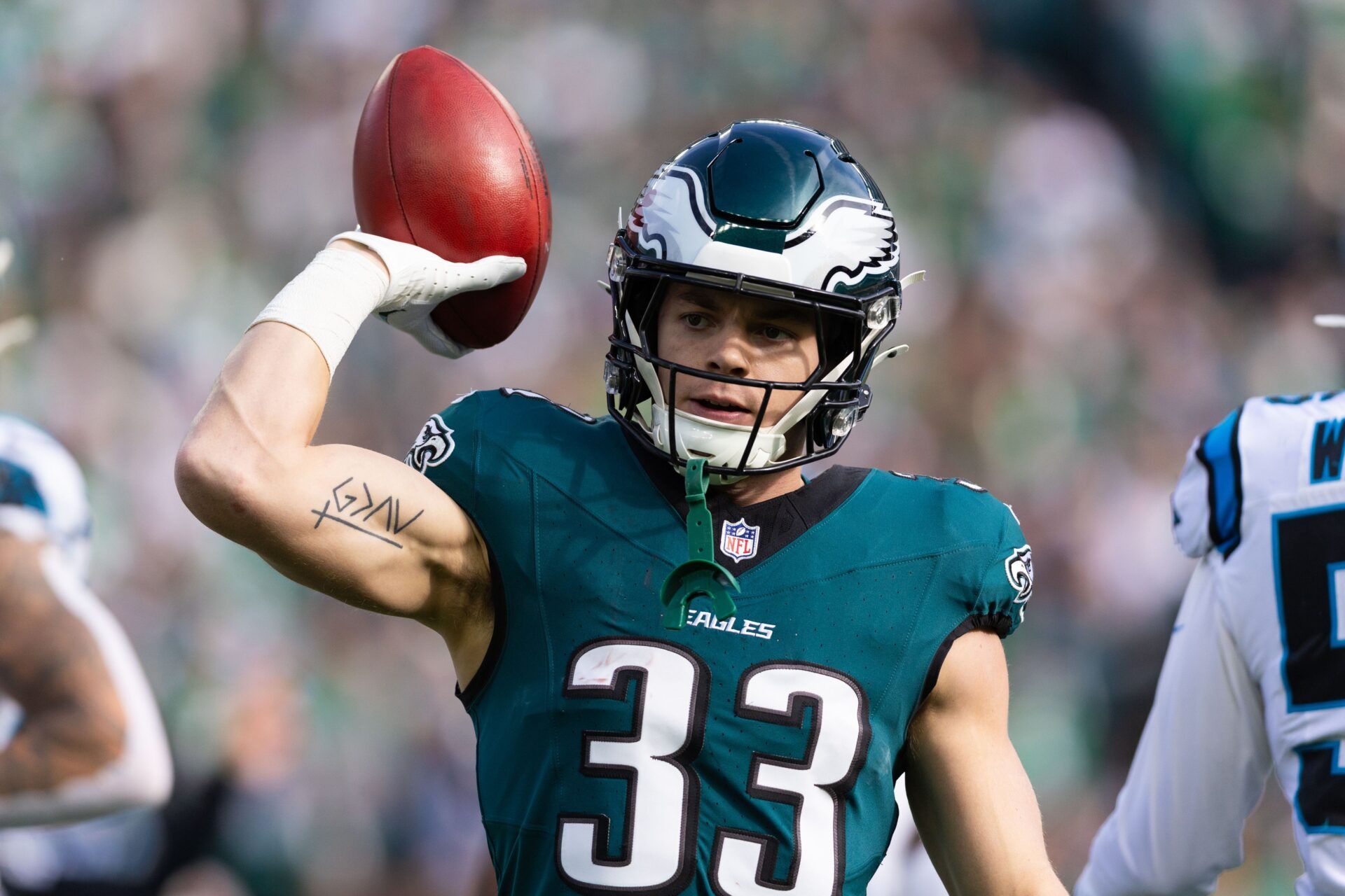 Philadelphia Eagles cornerback Cooper DeJean (33) plays against the Carolina Panthers during the first quarter at Lincoln Financial Field.