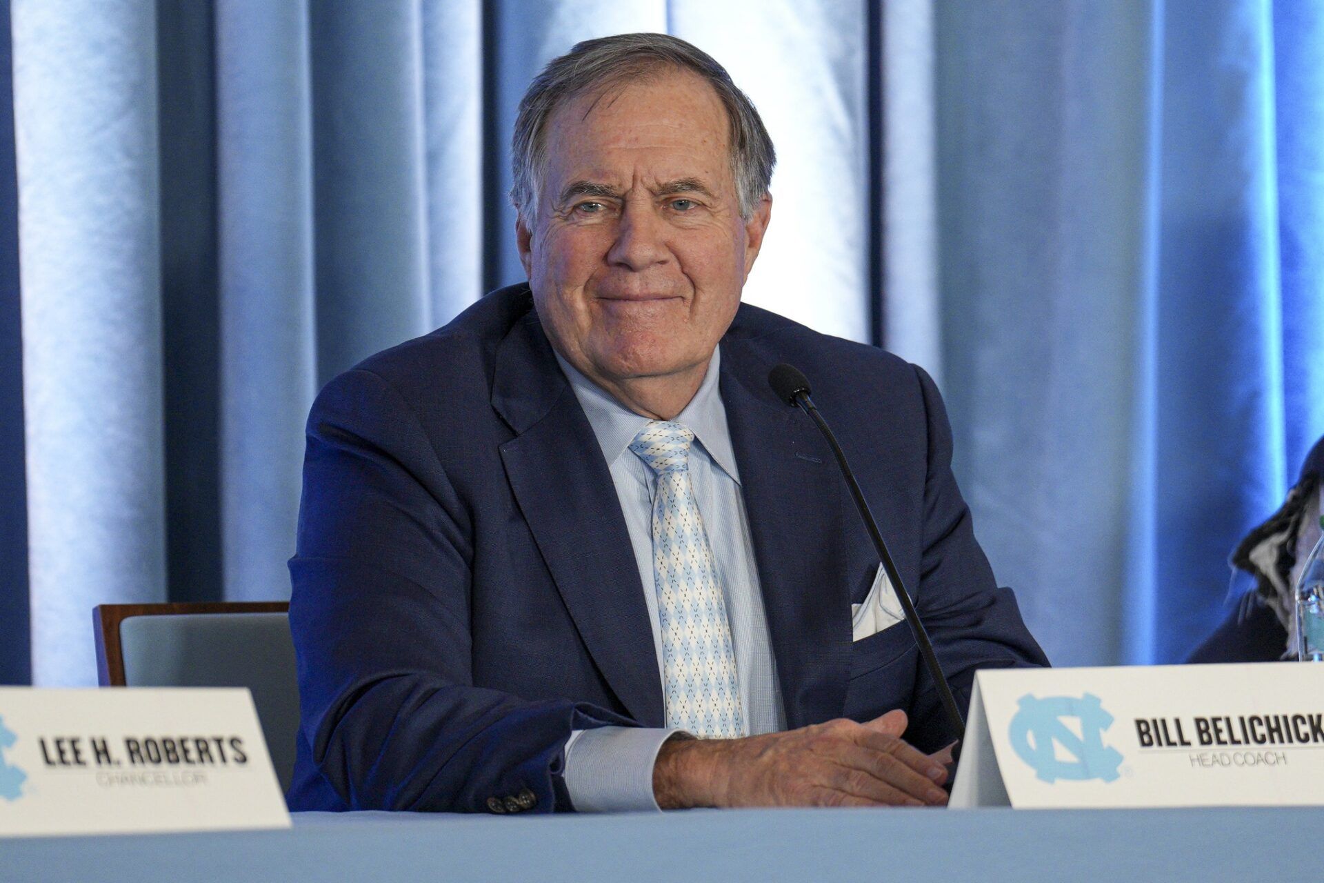 North Carolina Tar Heels new head coach Bill Belichick speaks to those attending his hiring announcement at Loudermilk Center for Excellence.